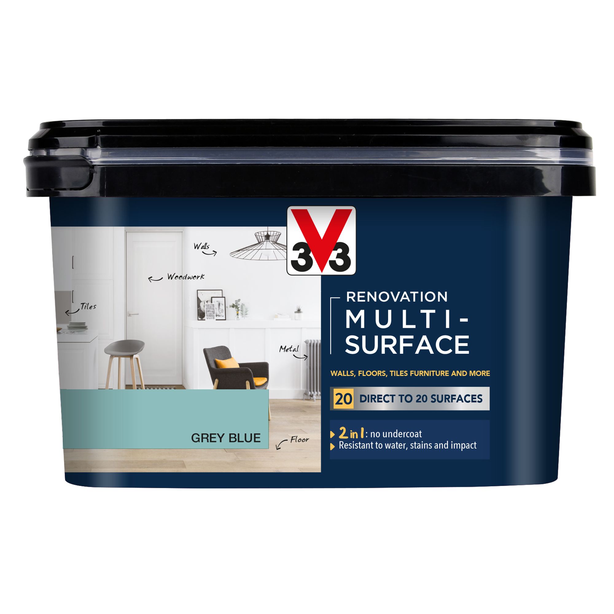 V33 Renovation Grey Blue Satinwood Multi-room Multi-surface paint, 2L