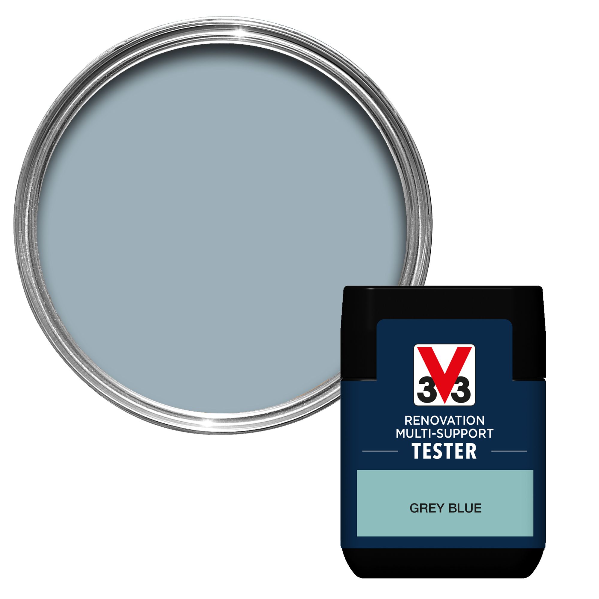 V33 Renovation Grey Blue Satinwood Multisurface paint, 50ml Tester pot DIY at B&Q