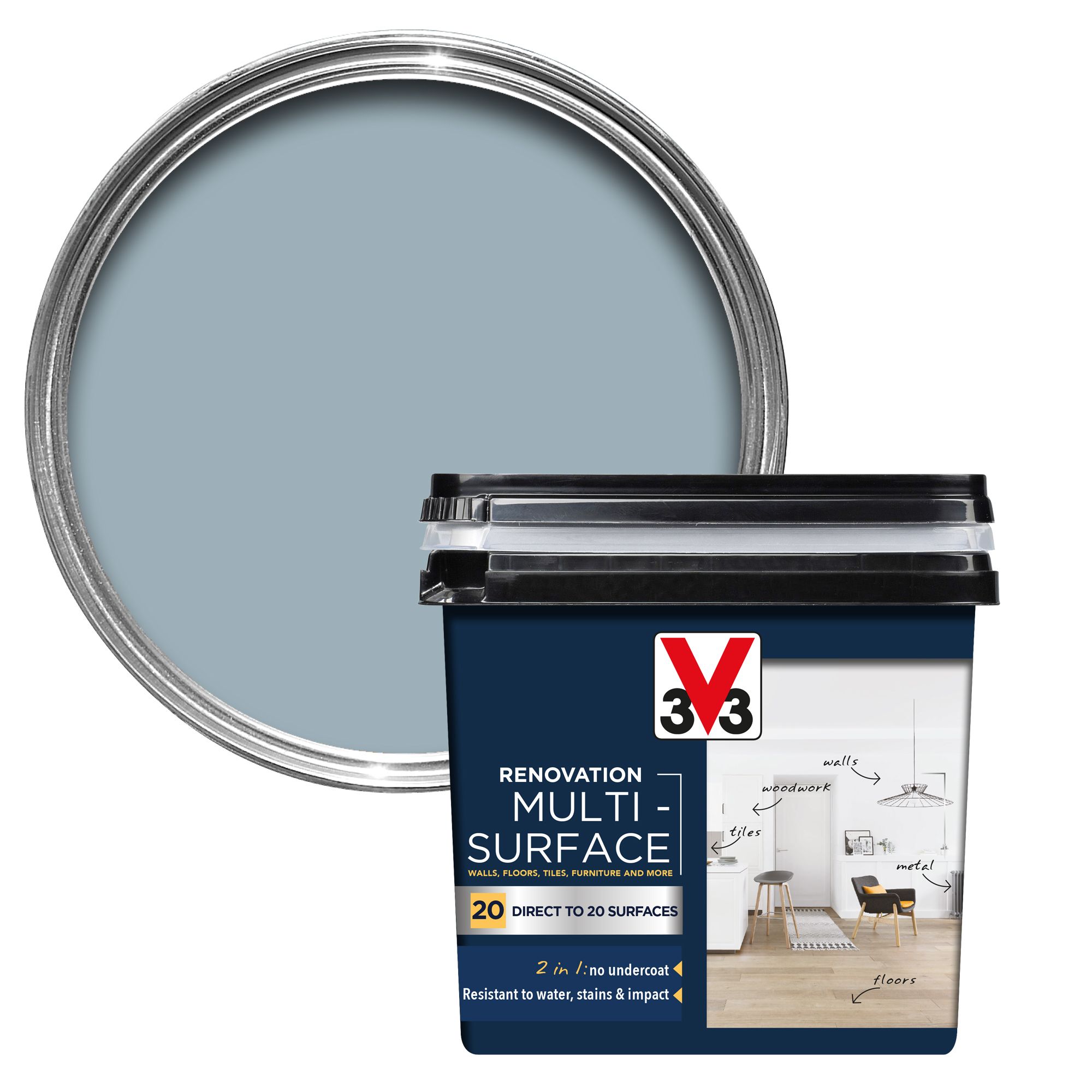 V33 Renovation Grey Blue Satinwood Multi-surface paint, 750ml