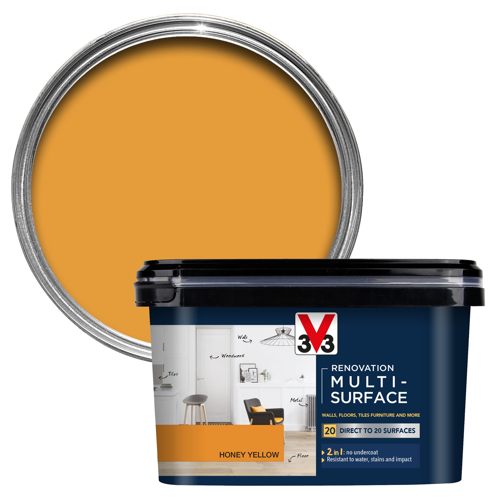 V33 Renovation Honey Yellow Satinwood Multi-surface paint, 2L