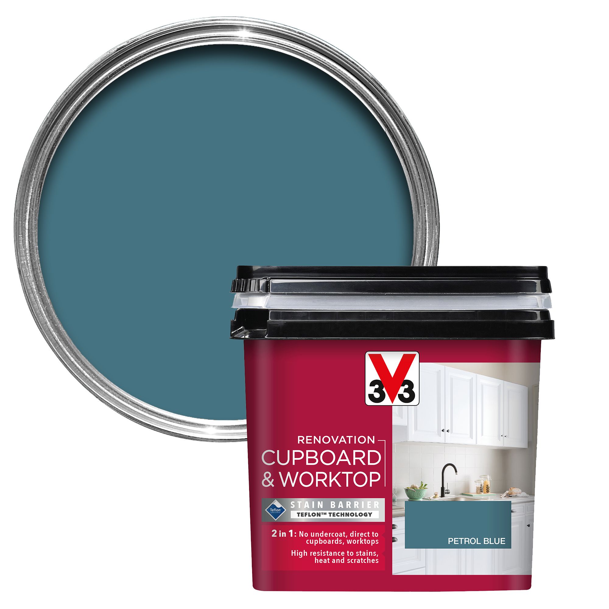 V33 Renovation Petrol Blue Satinwood Cupboard & cabinet paint, 750ml