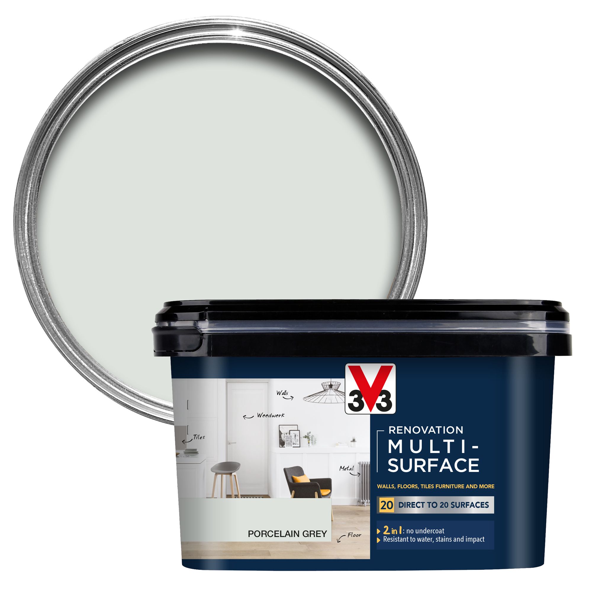 V33 Renovation Porcelain Grey Satinwood Multisurface paint, 2L DIY