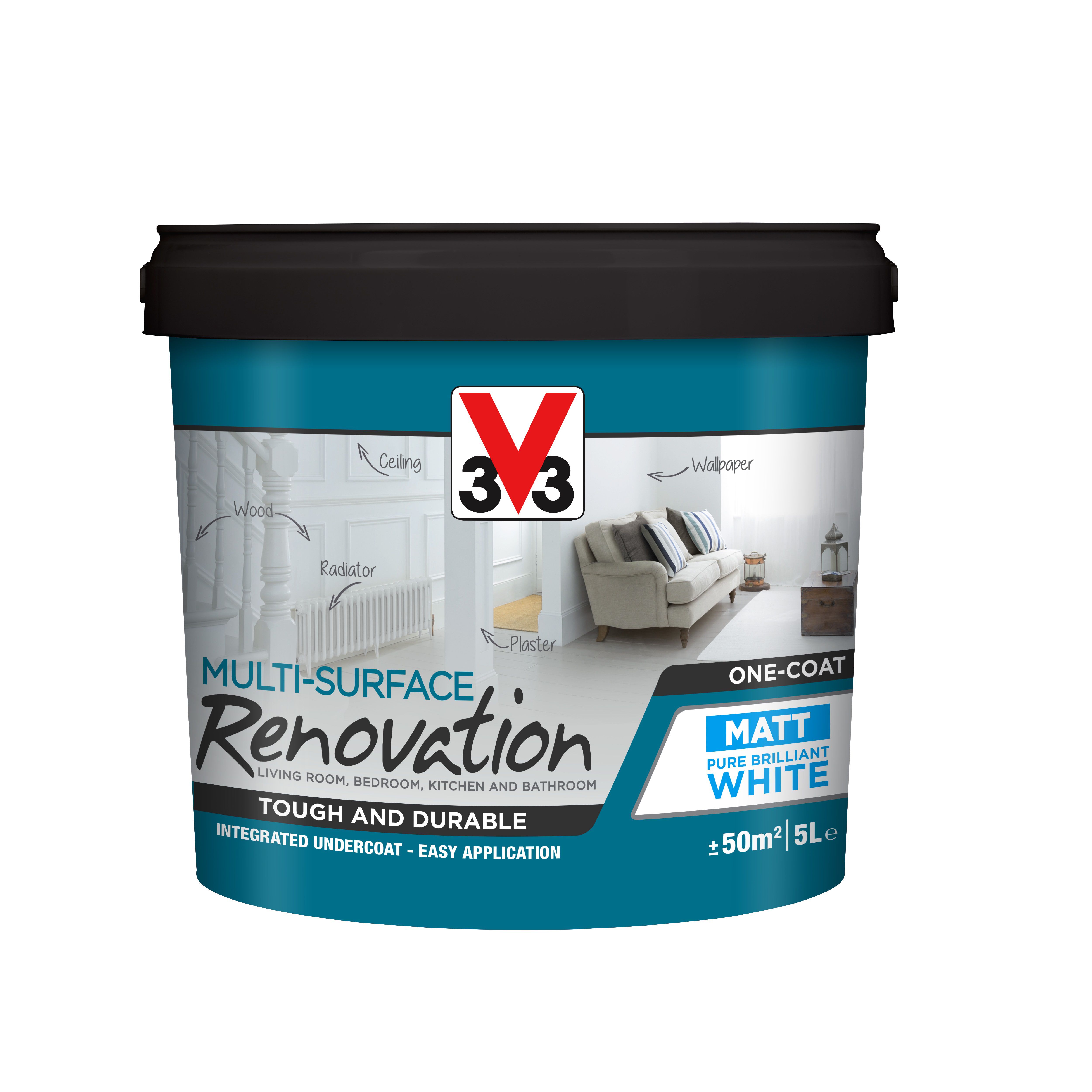 V33 Renovation Pure brilliant white Matt Multi-surface paint, 5L