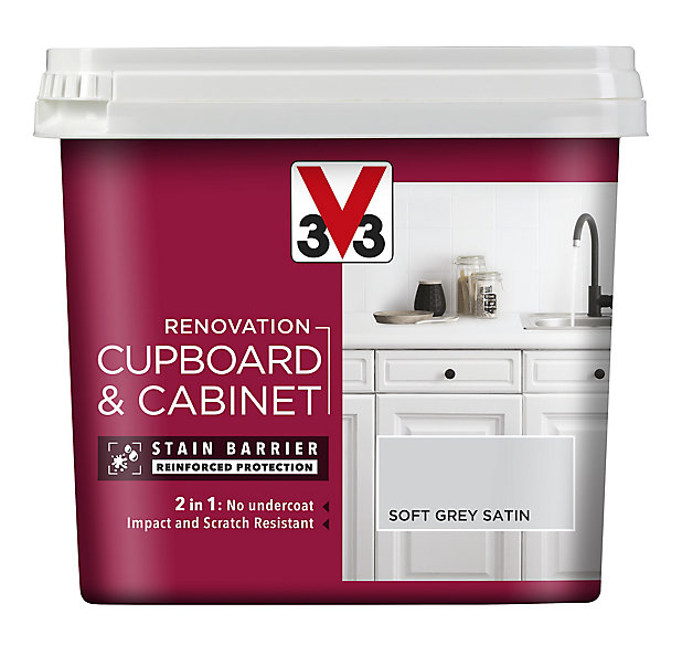 V33 Renovation Soft Grey Satin Cupboard, B Q Kitchen Cupboard Paint Grey