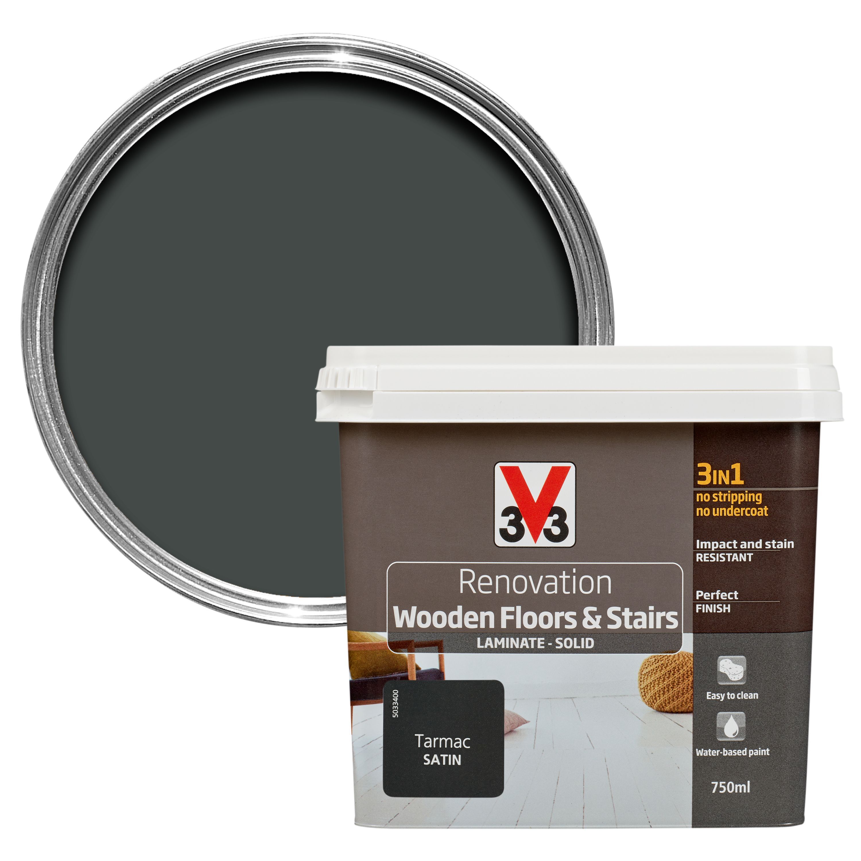 V33 Renovation Tarmac Satin Wooden floor & stairs paint 0.75L DIY at B&Q