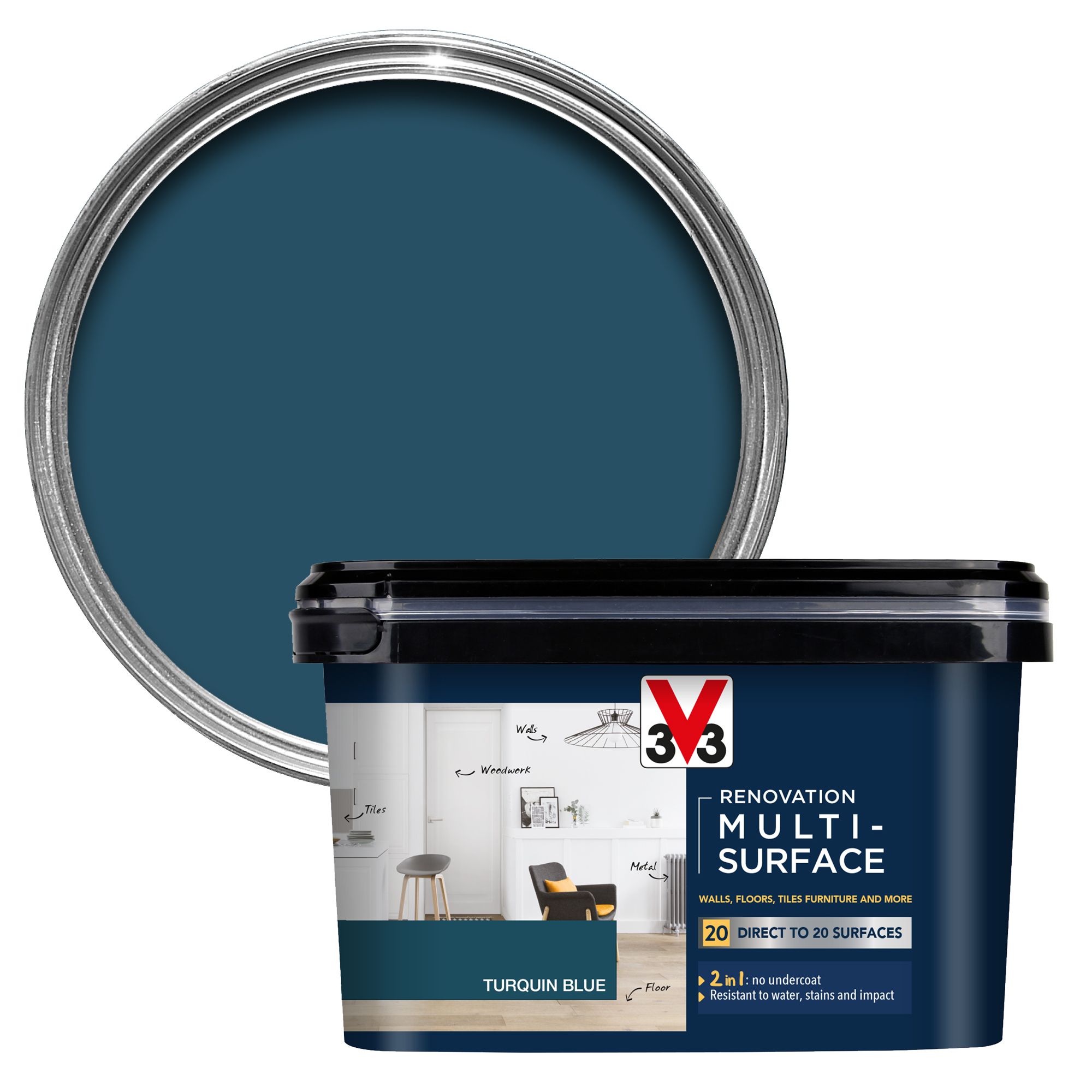 V33 Renovation Turquin Blue Satinwood Multi-surface paint, 2L