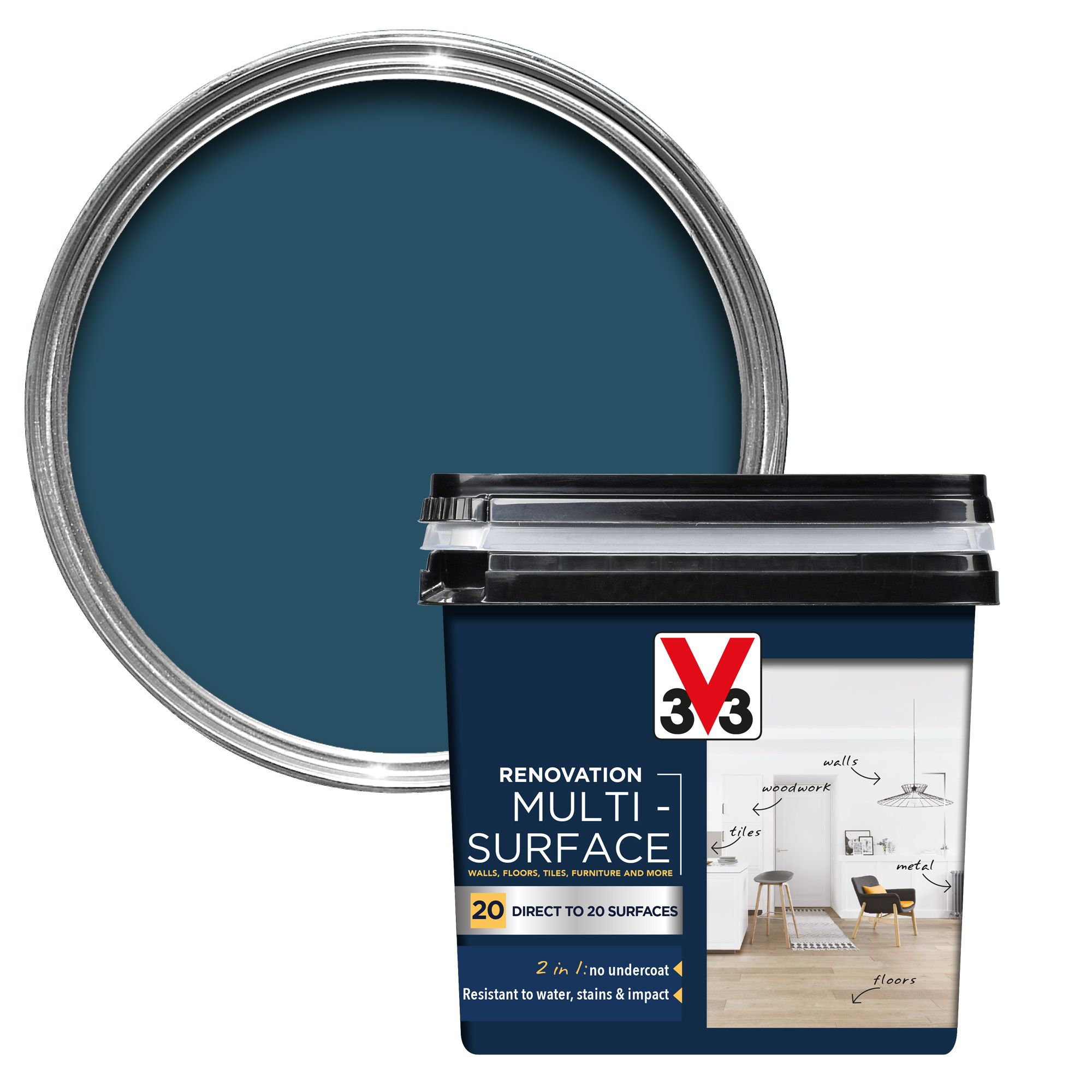V33 Renovation Turquin Blue Satinwood Multisurface paint, 750ml DIY