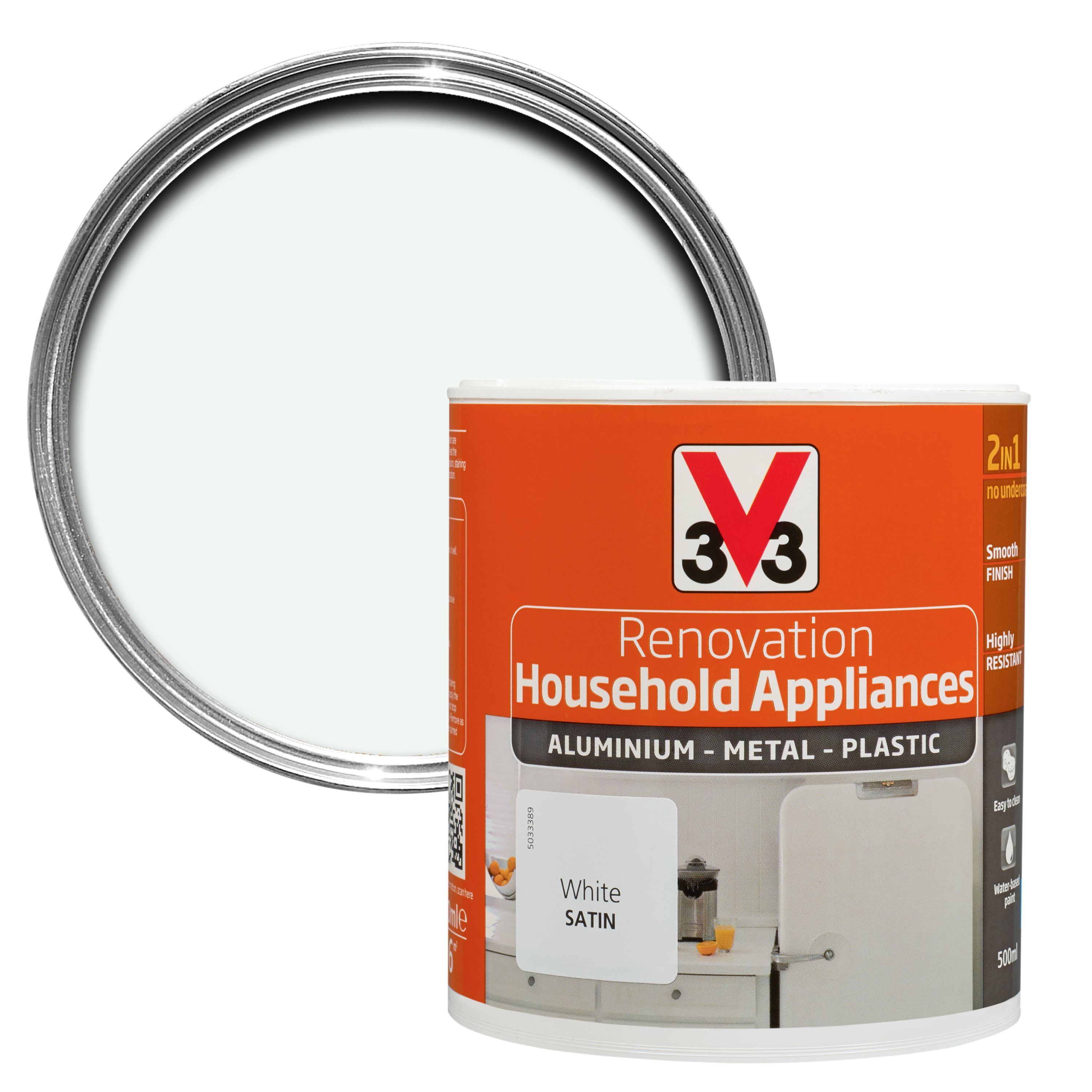 V33 Renovation White Satin Household appliance paint 500 ml DIY at B&Q