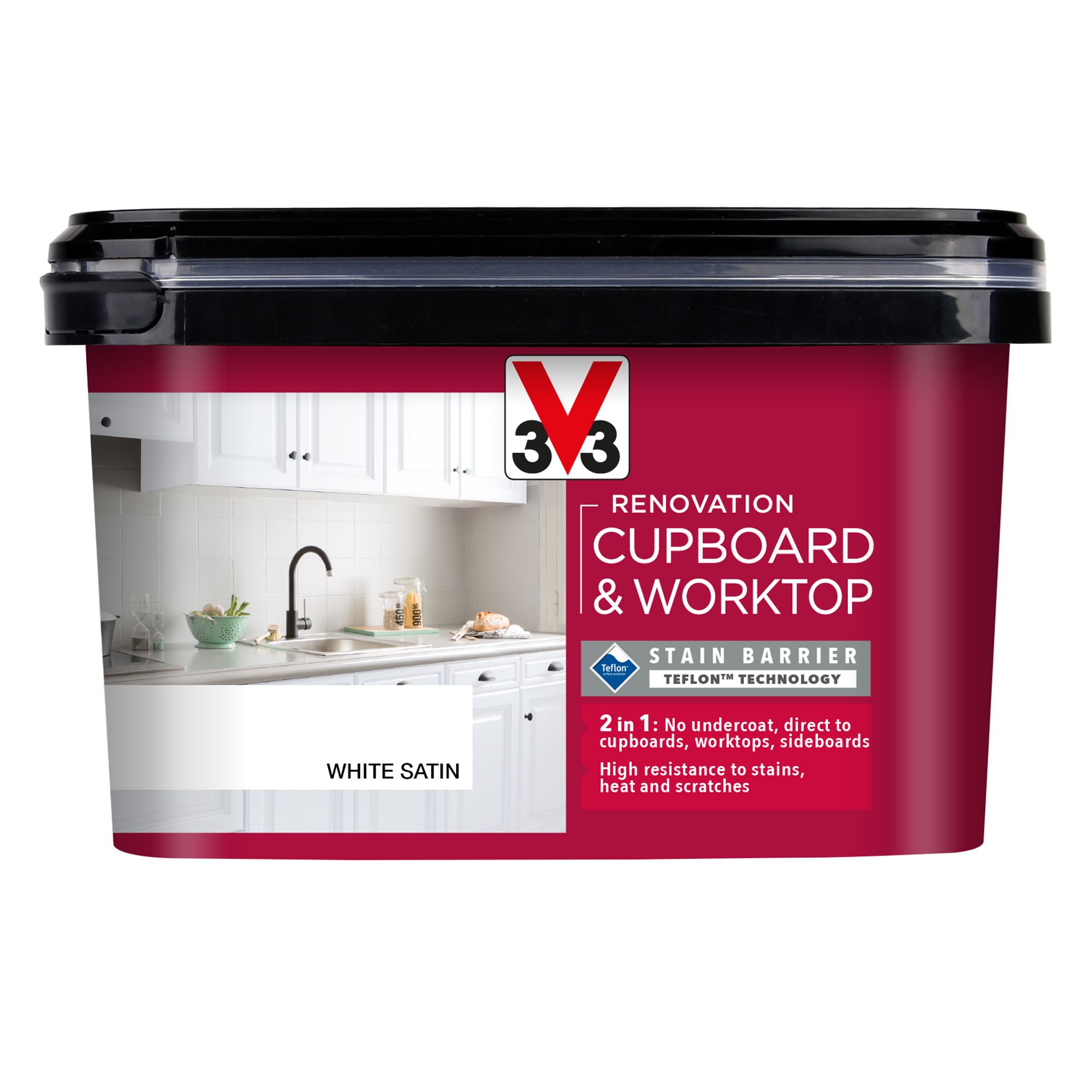 V33 Renovation White Satin Kitchen Cupboard & cabinet paint, 2L