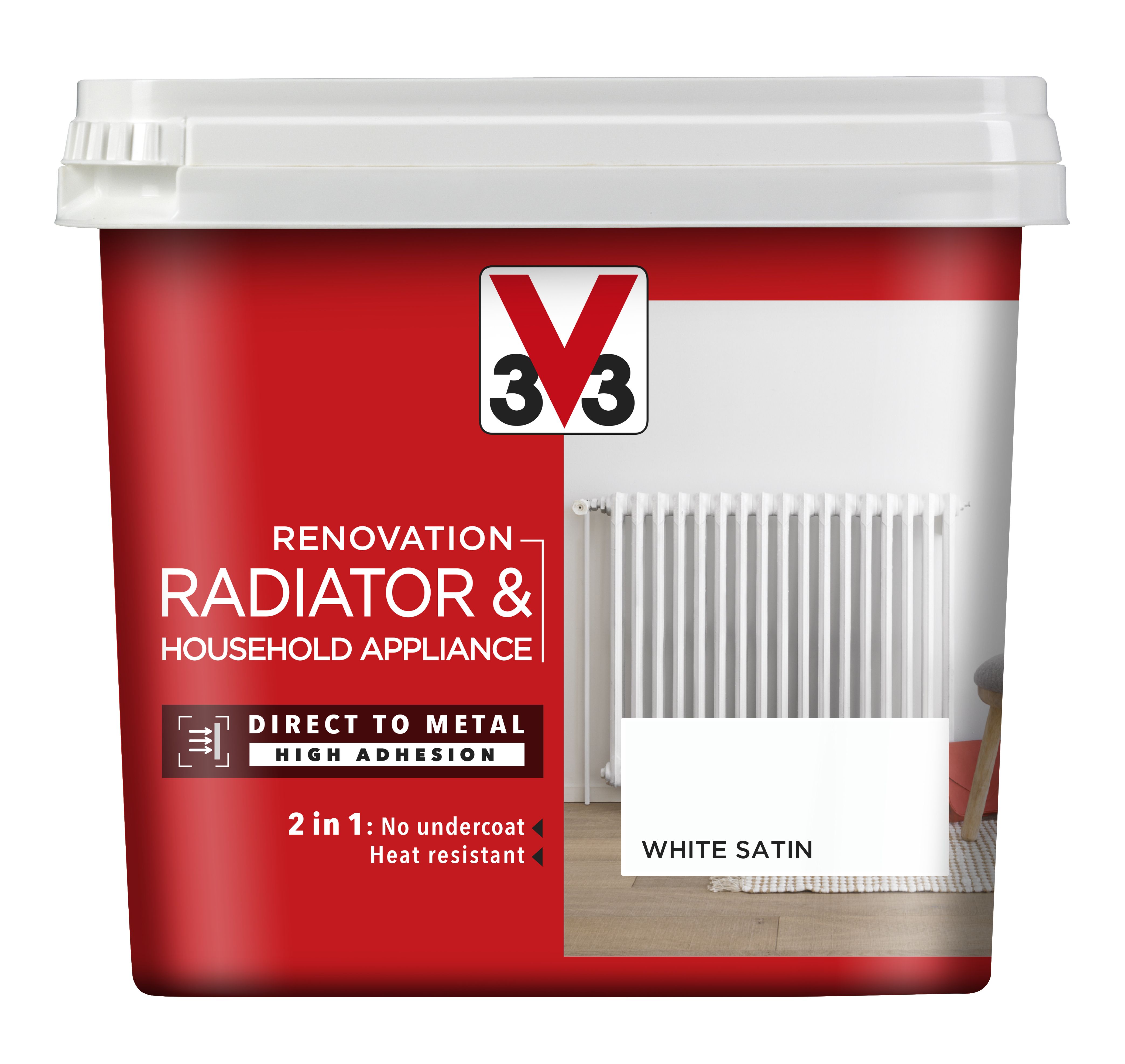 V33 Renovation White Satin Radiator & appliance paint, 750ml DIY at B&Q