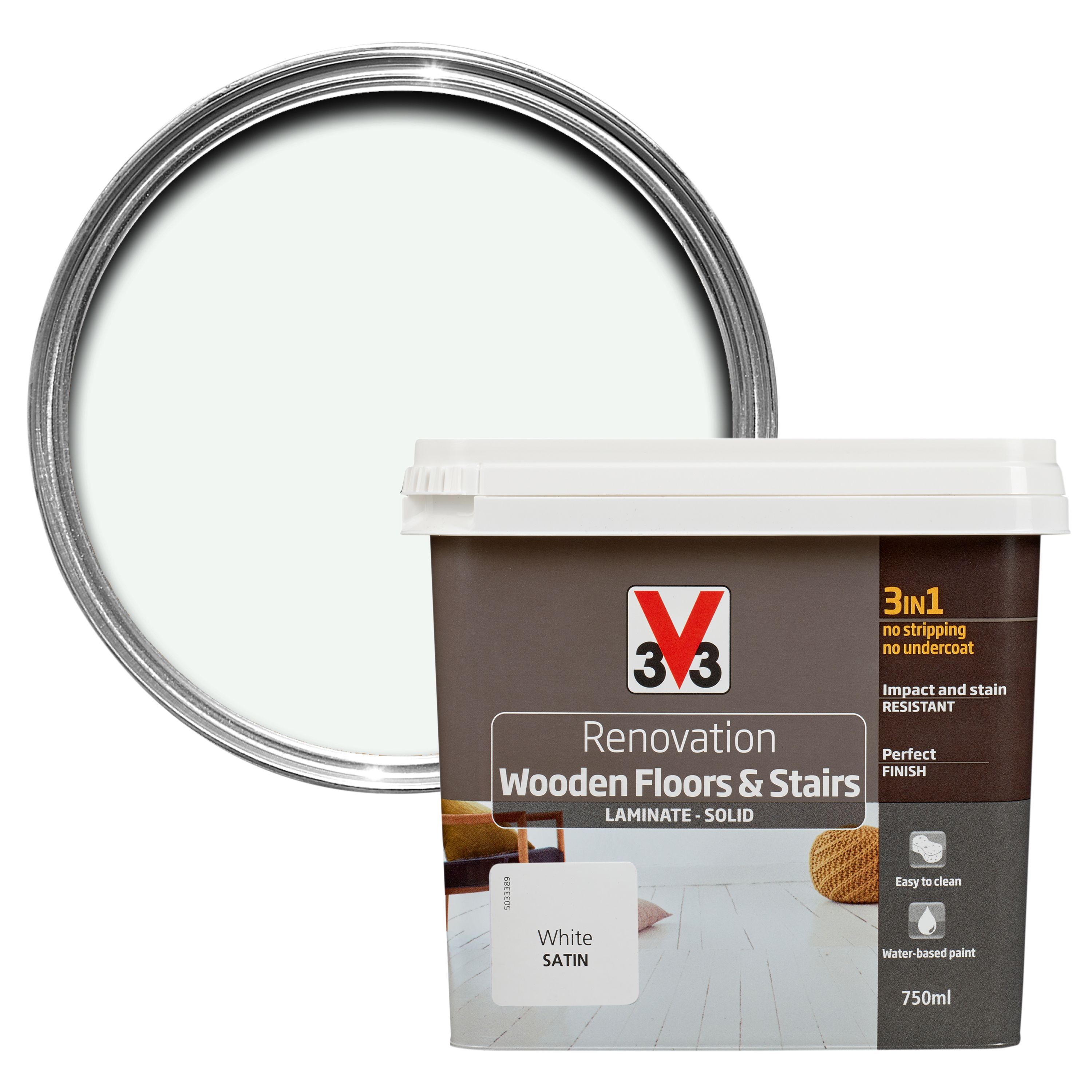V33 Renovation White Satin Wooden floor & stairs paint 0.75L DIY at B&Q