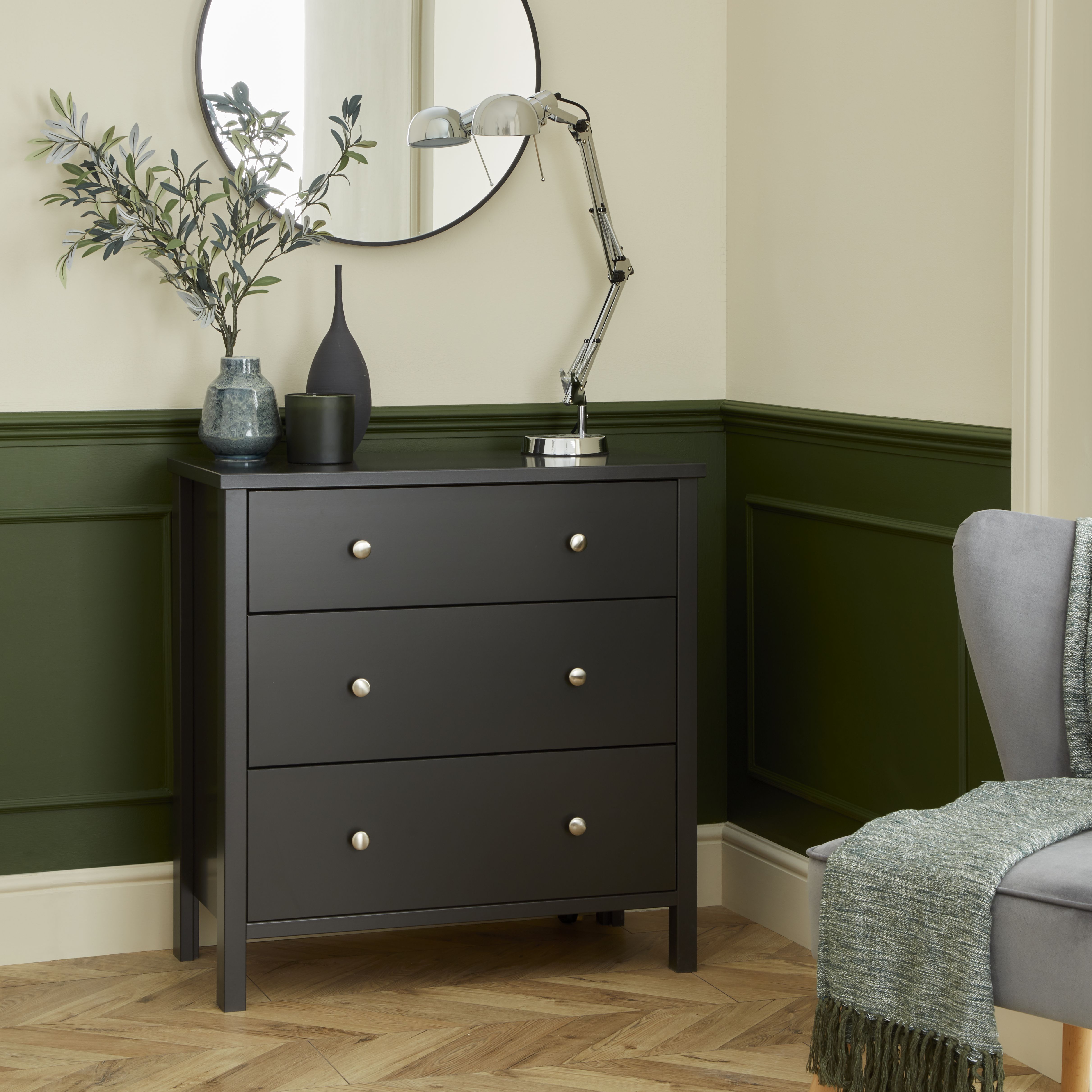 Valenca Satin black MDF 3 Drawer Wide Chest of drawers (H)840mm (W)800mm (D)410mm