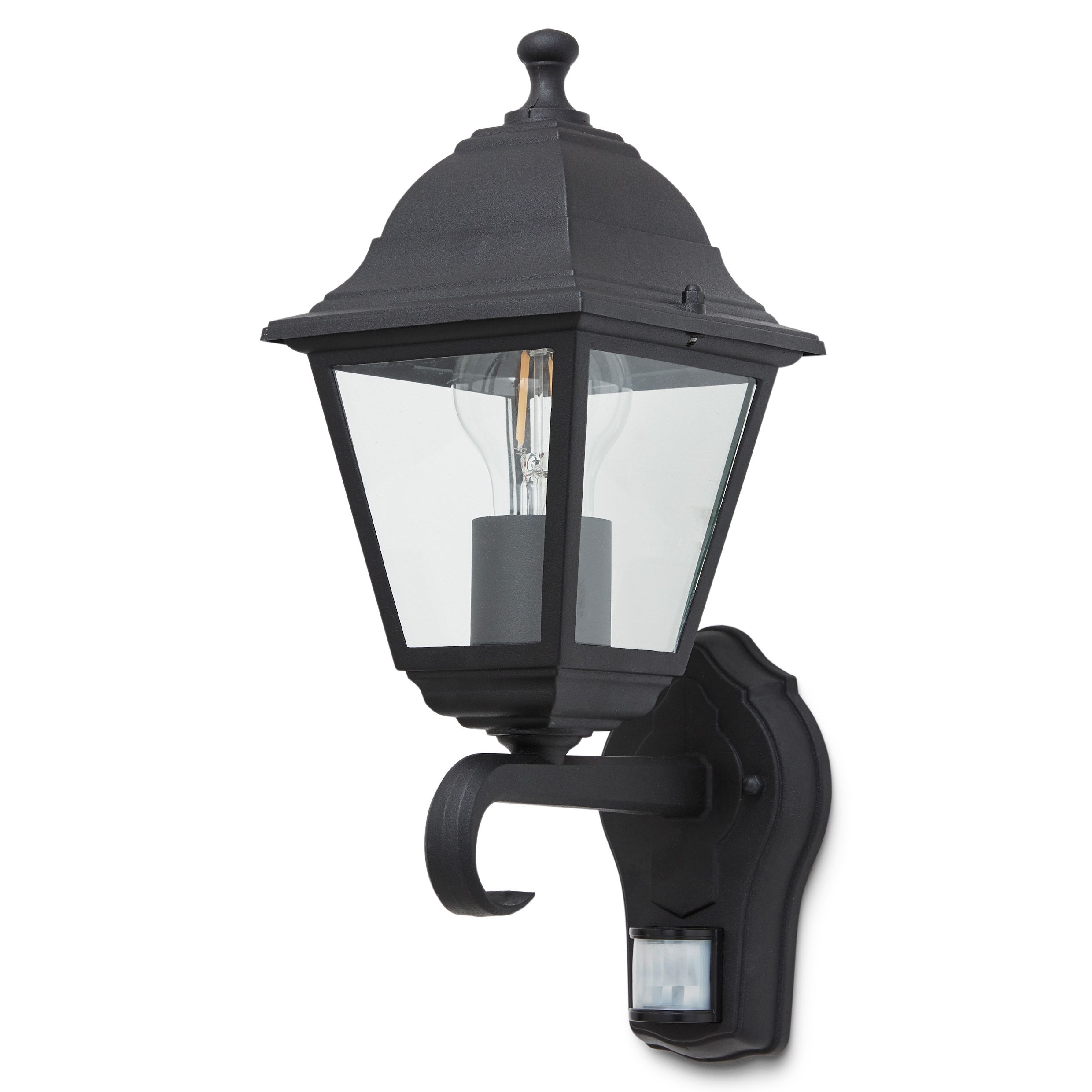 Varennes Fixed Matt Black PIR Motion sensor Outdoor Lantern Wall light 60W