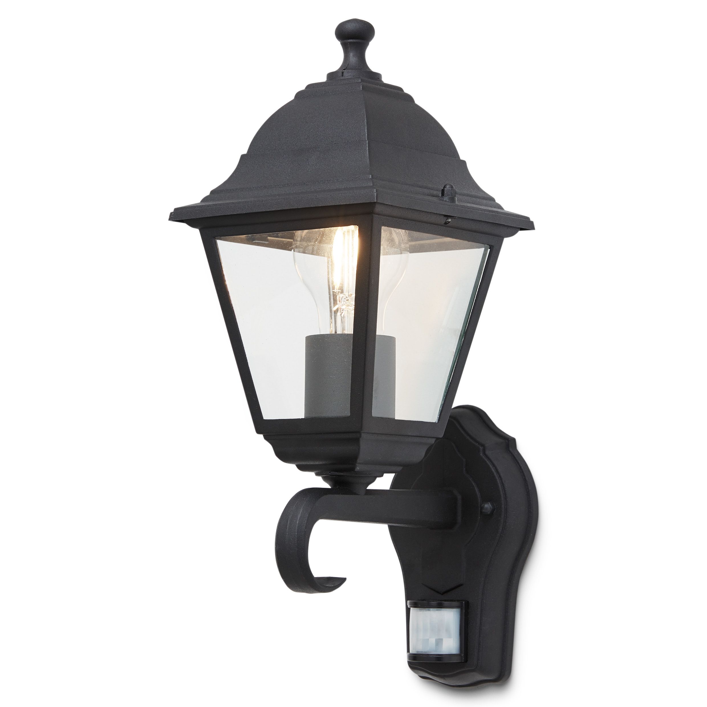 Varennes Fixed Matt Black PIR Motion sensor Outdoor Lantern Wall light 60W