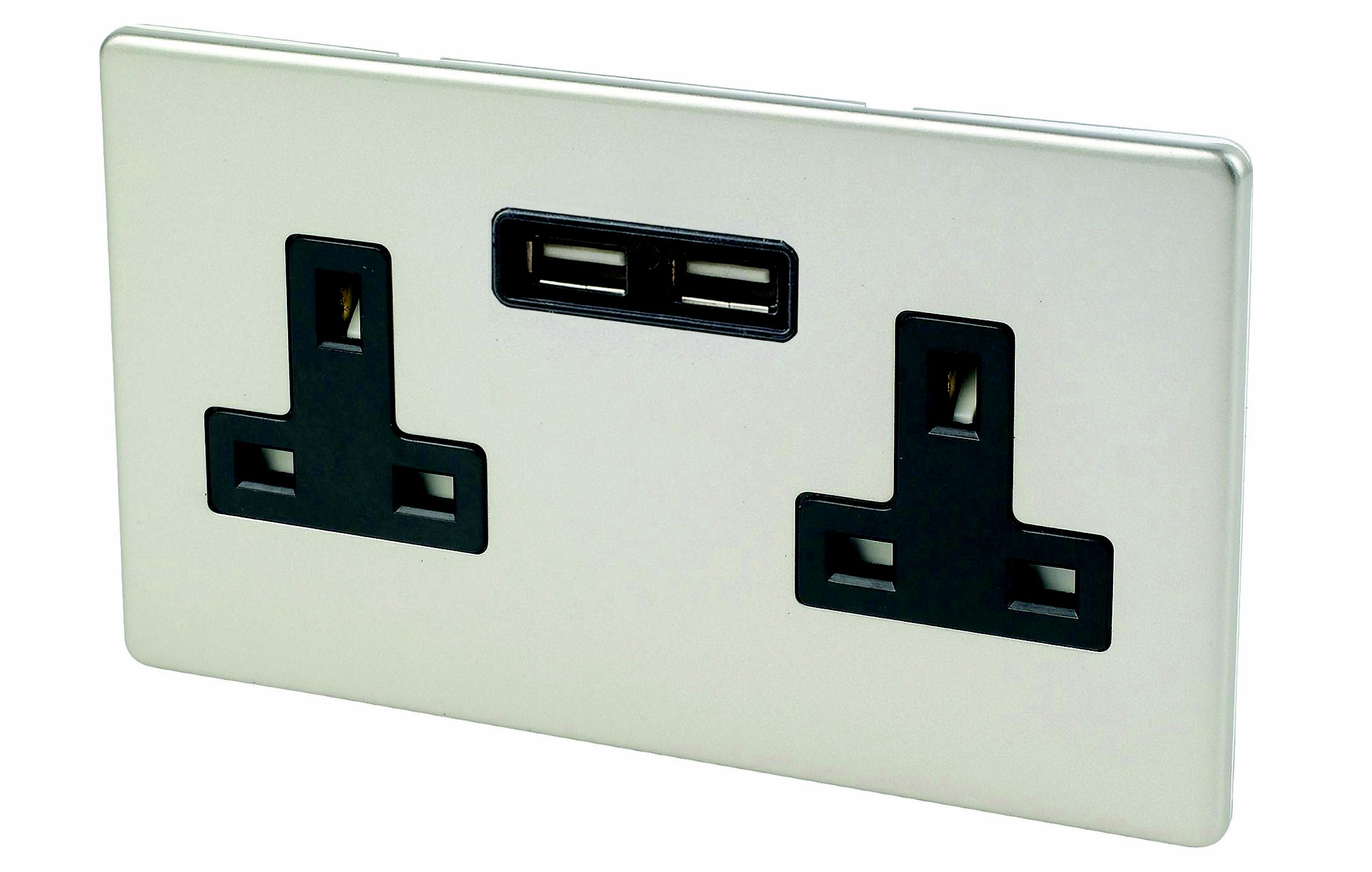 Varilight Double 13A Flat Unswitched Screwless Socket with USB, x2 & Black inserts