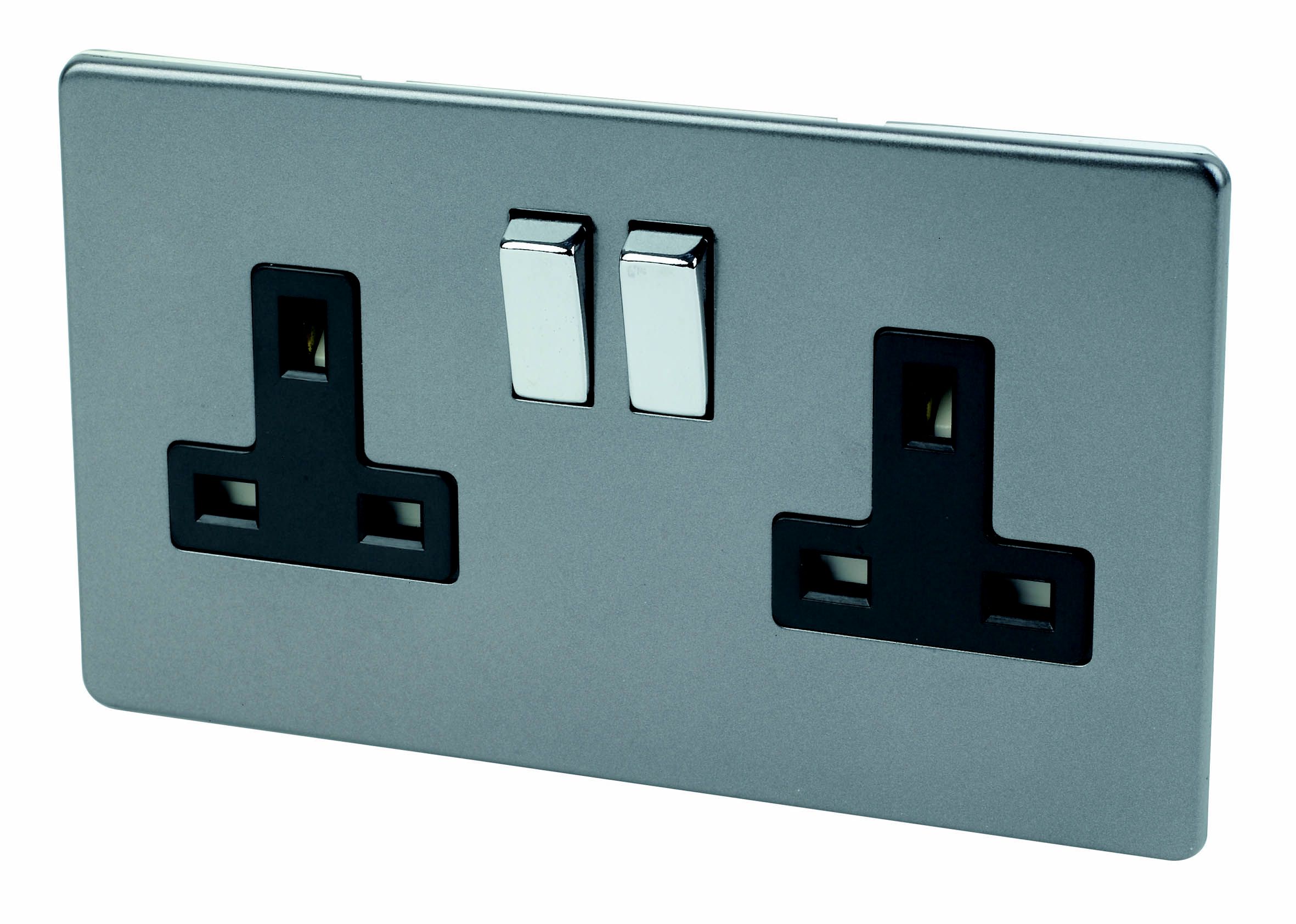 Varilight Grey Double 13A Screwless Switched Socket with Black inserts