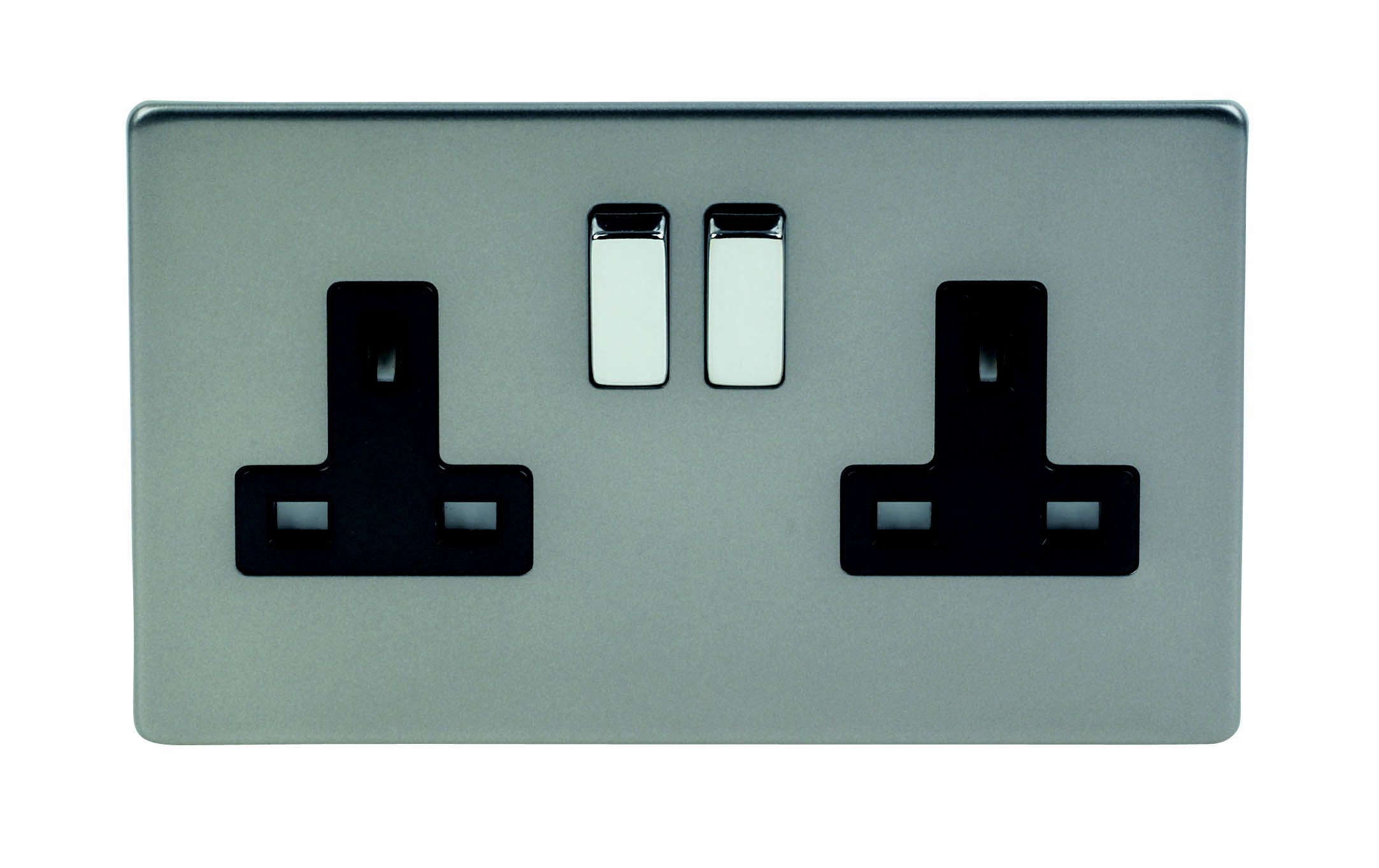 Varilight Grey Double 13A Screwless Switched Socket with Black inserts