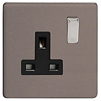 Varilight Grey Single 13A Screwless Switched Socket with Black inserts
