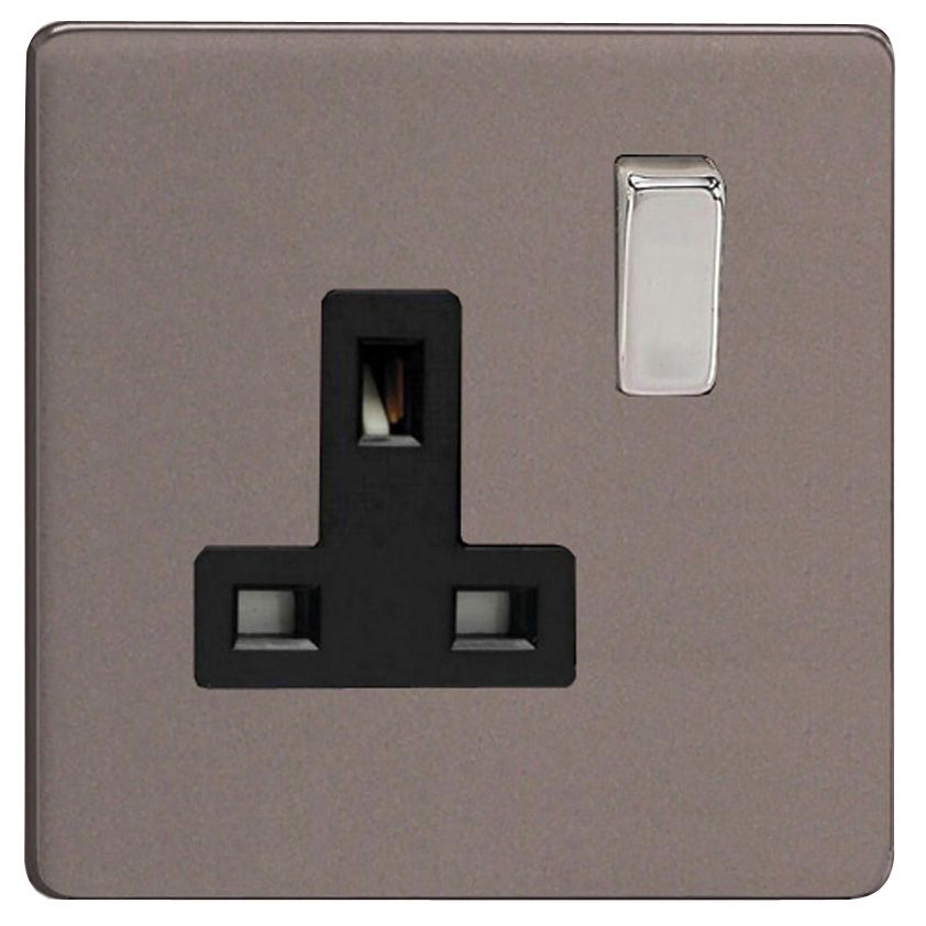 Varilight Grey Single 13A Screwless Switched Socket with Black inserts