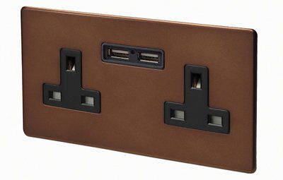 Varilight Mocha Double 13A Flat Unswitched Screwless Socket with USB, x2 & Black inserts