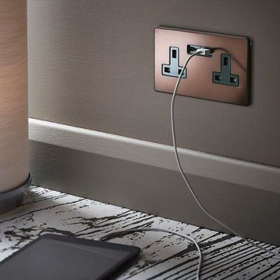 Varilight Mocha Double 13A Flat Unswitched Screwless Socket with USB, x2 & Black inserts
