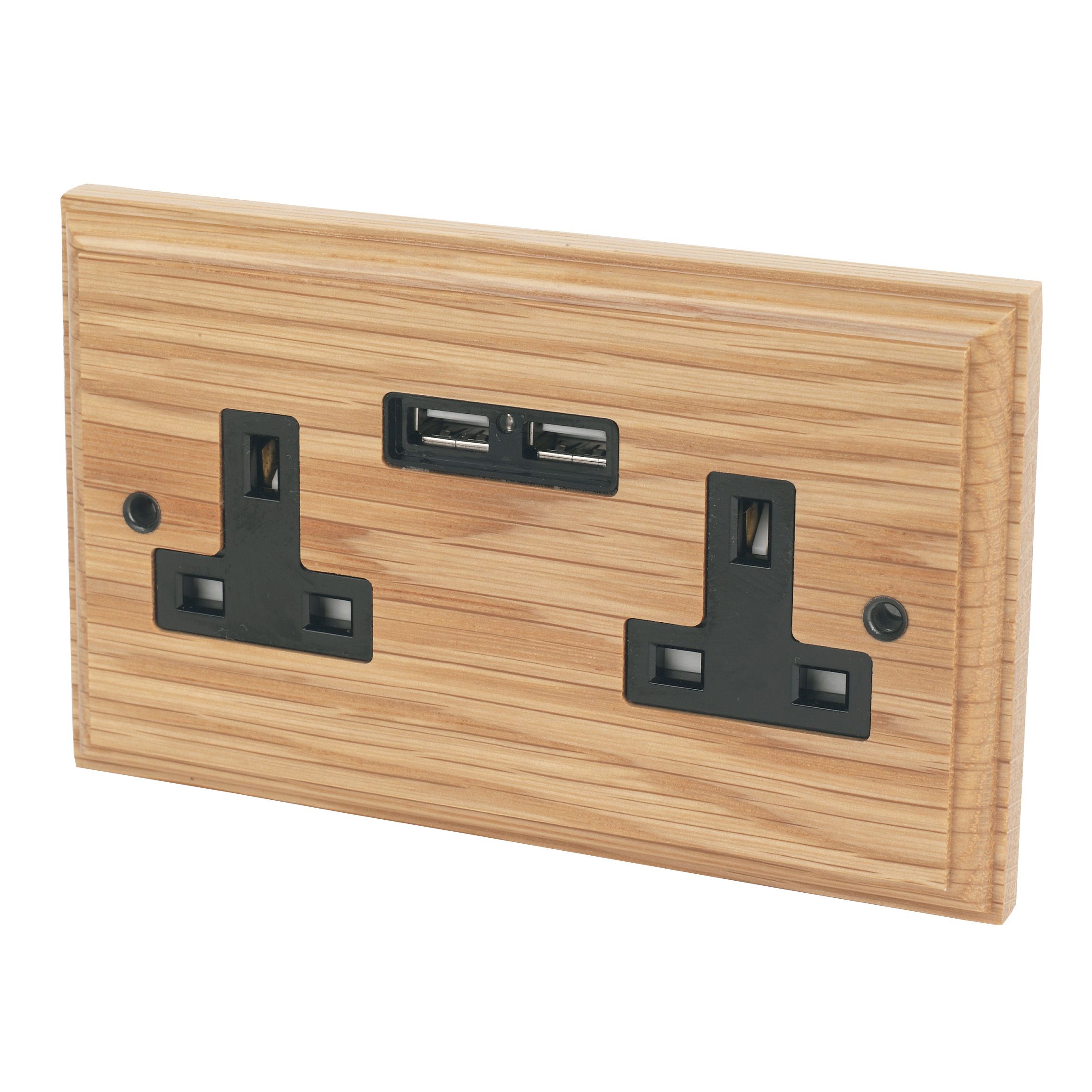 Varilight Oak Double 13A Raised Unswitched Screwed Socket with USB, x2 & Black inserts