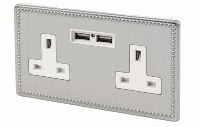 Varilight Steel 2.1A Flat Unswitched Screwless Socket with USB, & White inserts