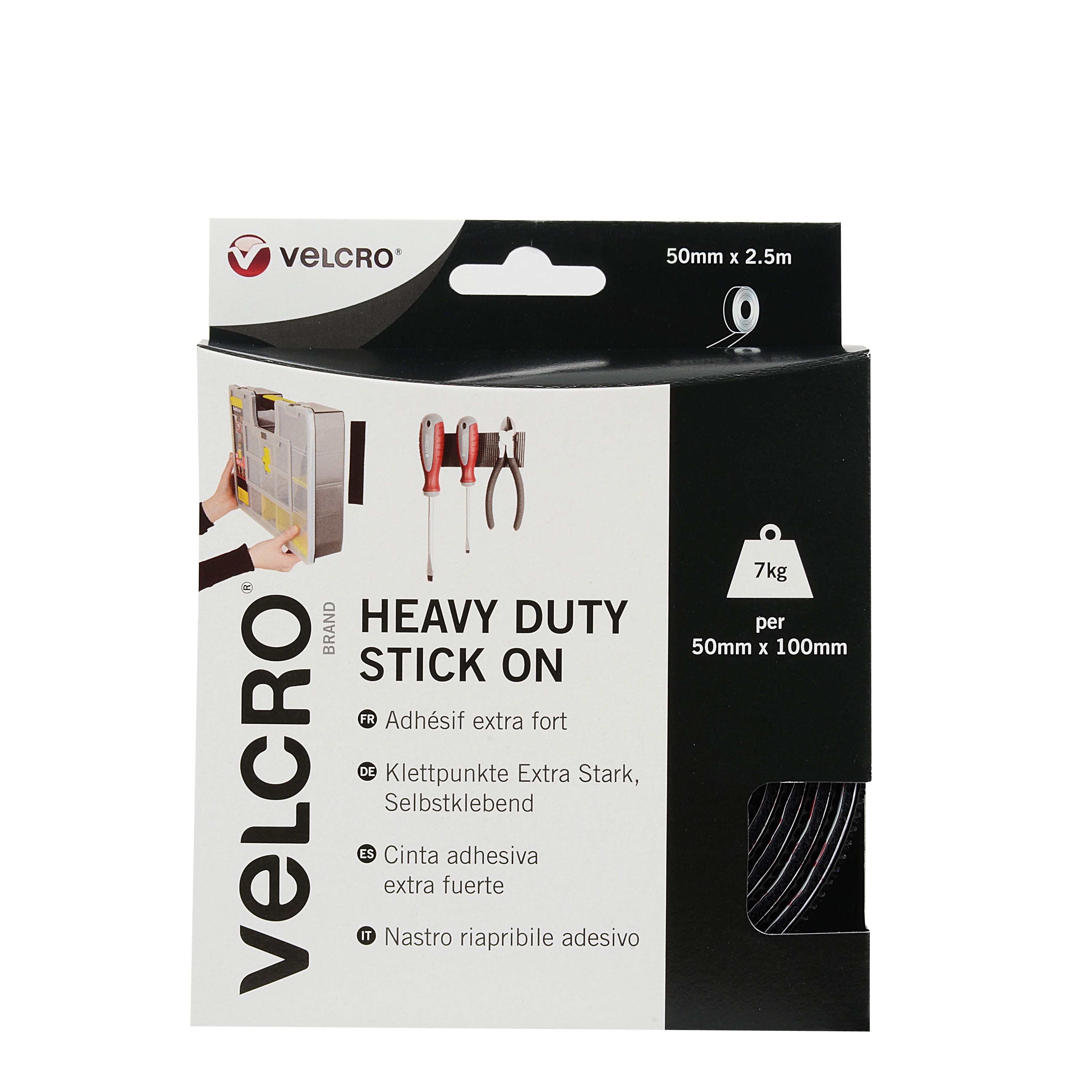 VELCRO Brand Heavy Duty Stick On Black Tape 50mm x 2.5m, Hook and Loop Tape  Self Adhesive Strips Fastener Roll, Industrial Extra Strong Double Sided