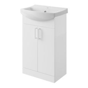 Veleka Gloss White Freestanding Vanity unit & basin set - Includes 2 Door vanity (W)550mm (H)900mm