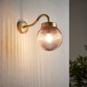 Verity Fixed Satin Gold Mains-powered (wired) Outdoor Dimmable Wall light with Light pink shade