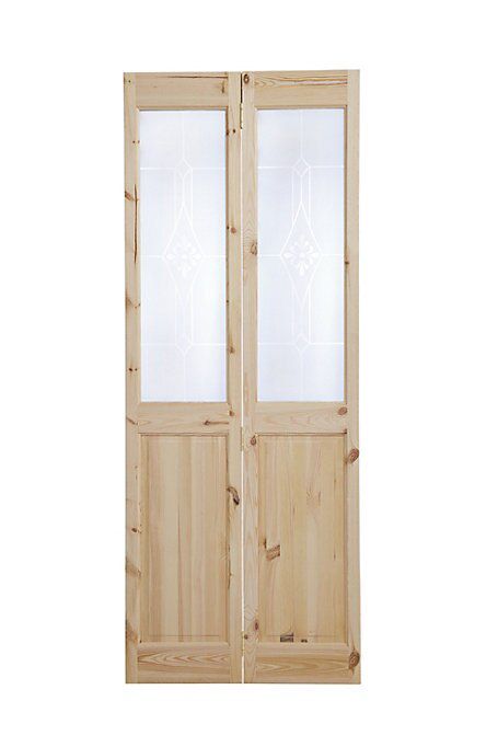Vertical 2 panel 2 Lite Decorative Glazed Victorian Unfinished Natural Knotty pine Internal Folding Bi-fold Door set, (H)1946mm (W)750mm