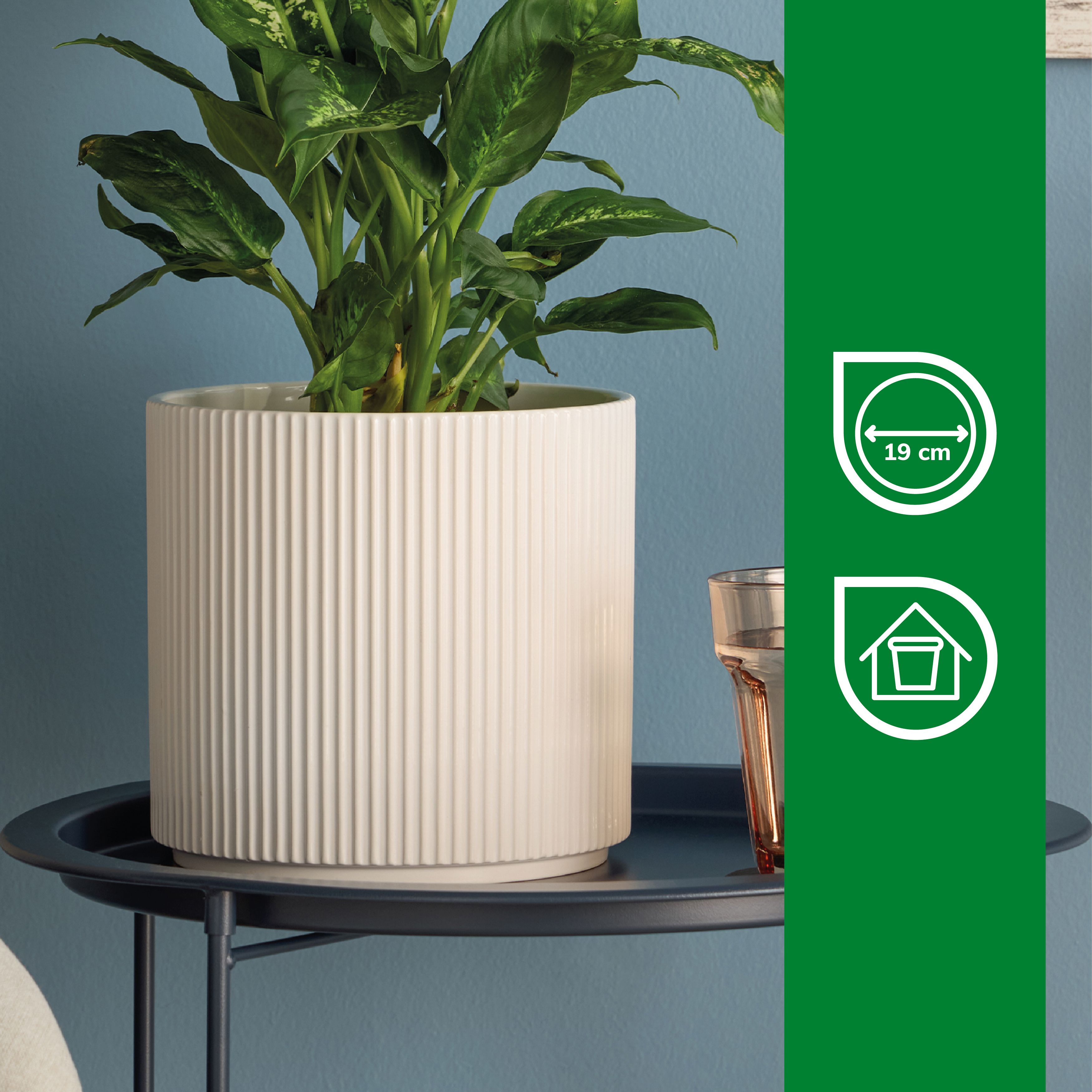 Verve Painted White Ribbed Ceramic Plant pot (Dia) 21cm, (H)19cm
