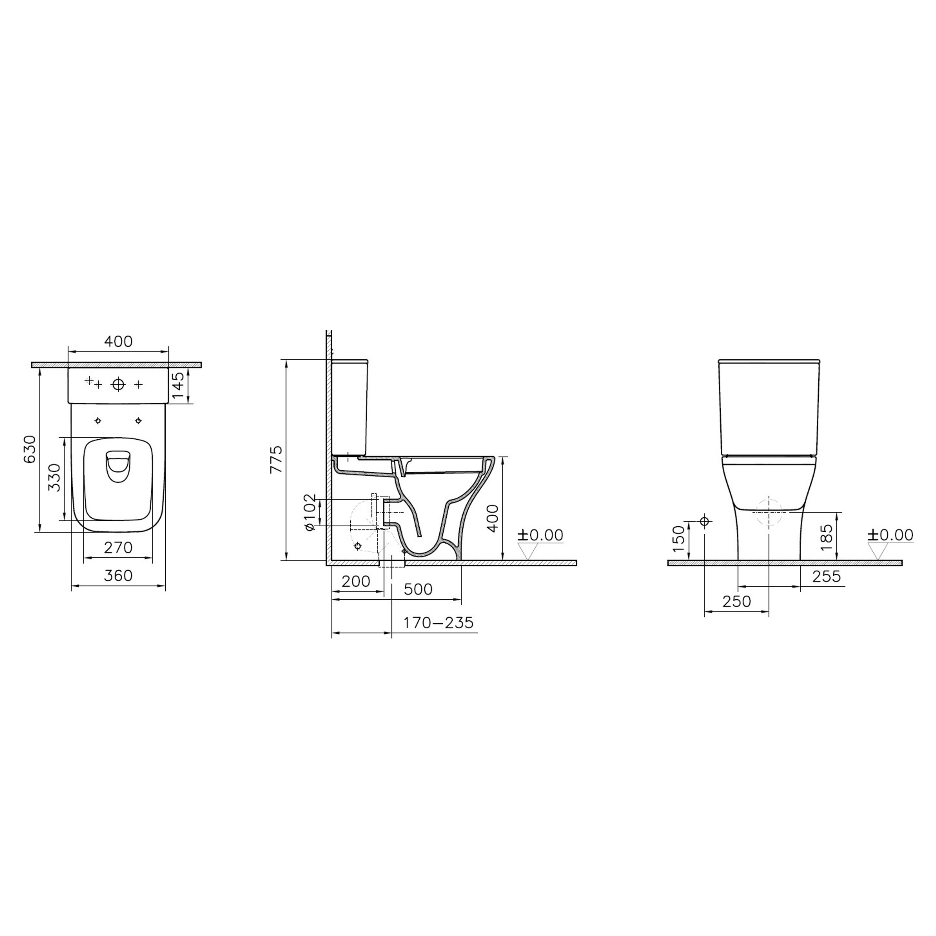 VitrA Koa White Slim Back to wall close-coupled Square Toilet set with Soft close seat - 3