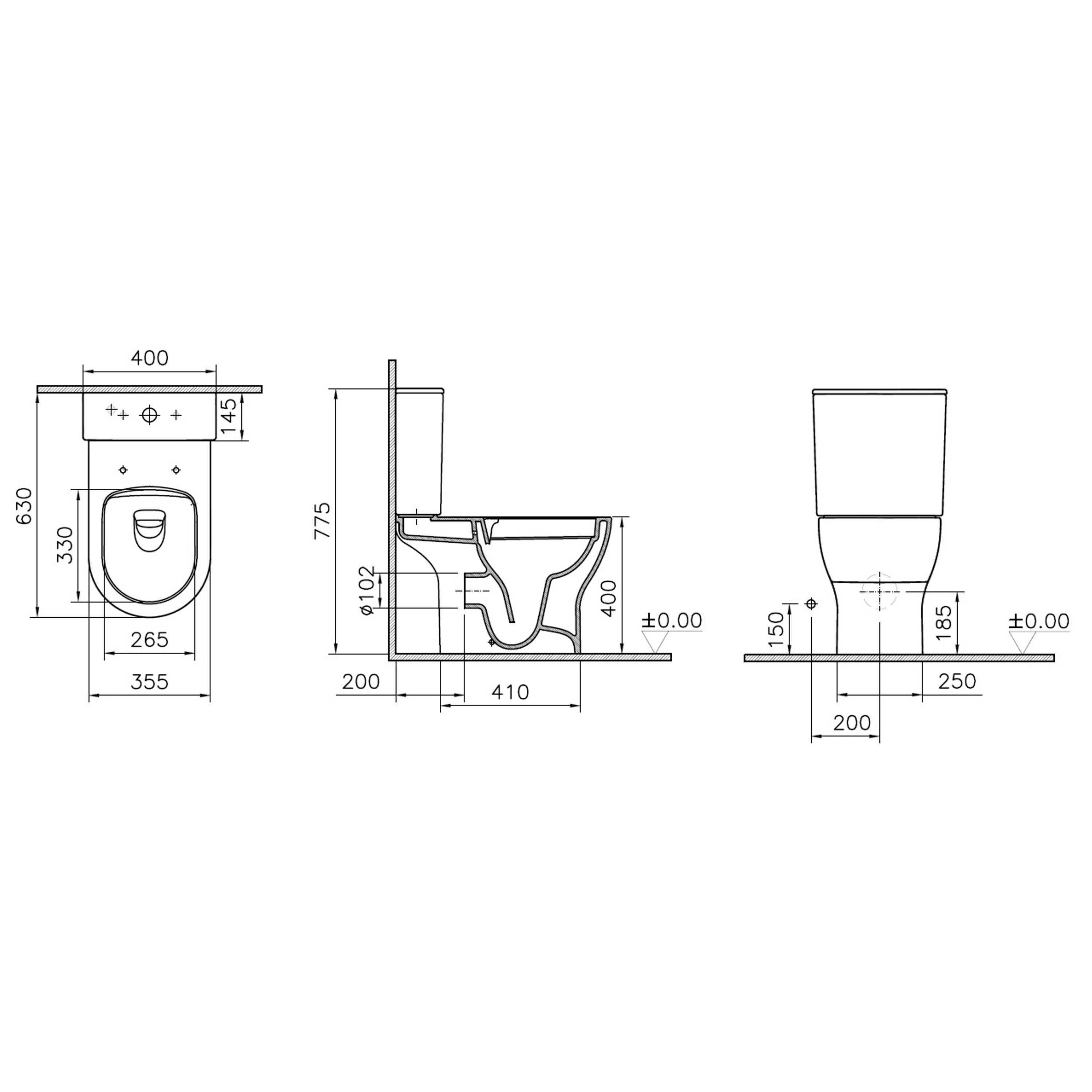 VitrA Koa White Slim Open back close-coupled Round Toilet set with Soft close seat & Exposed cistern