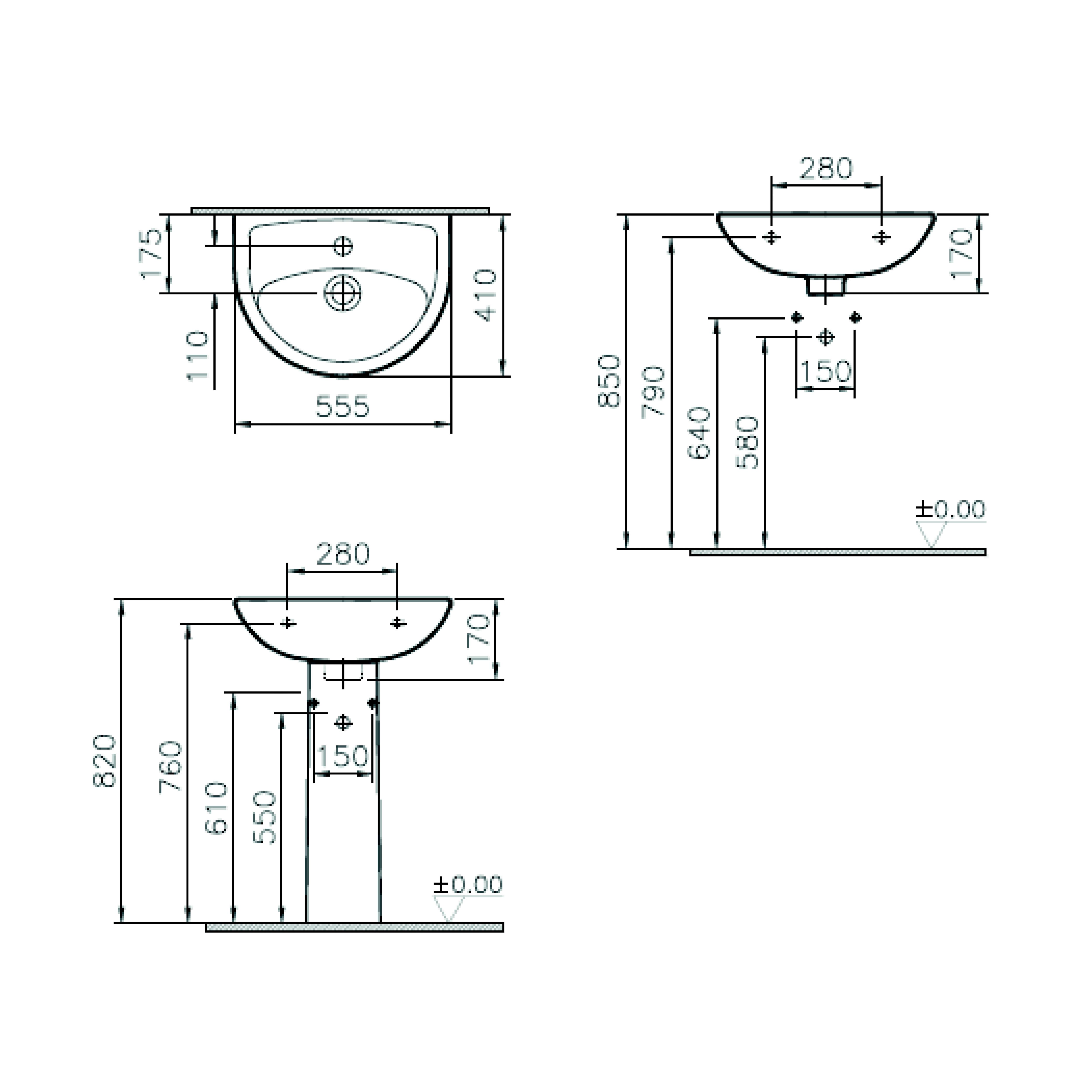 VitrA Milton Round Full pedestal 1 tap hole Basin (H)82cm (W)55.5cm
