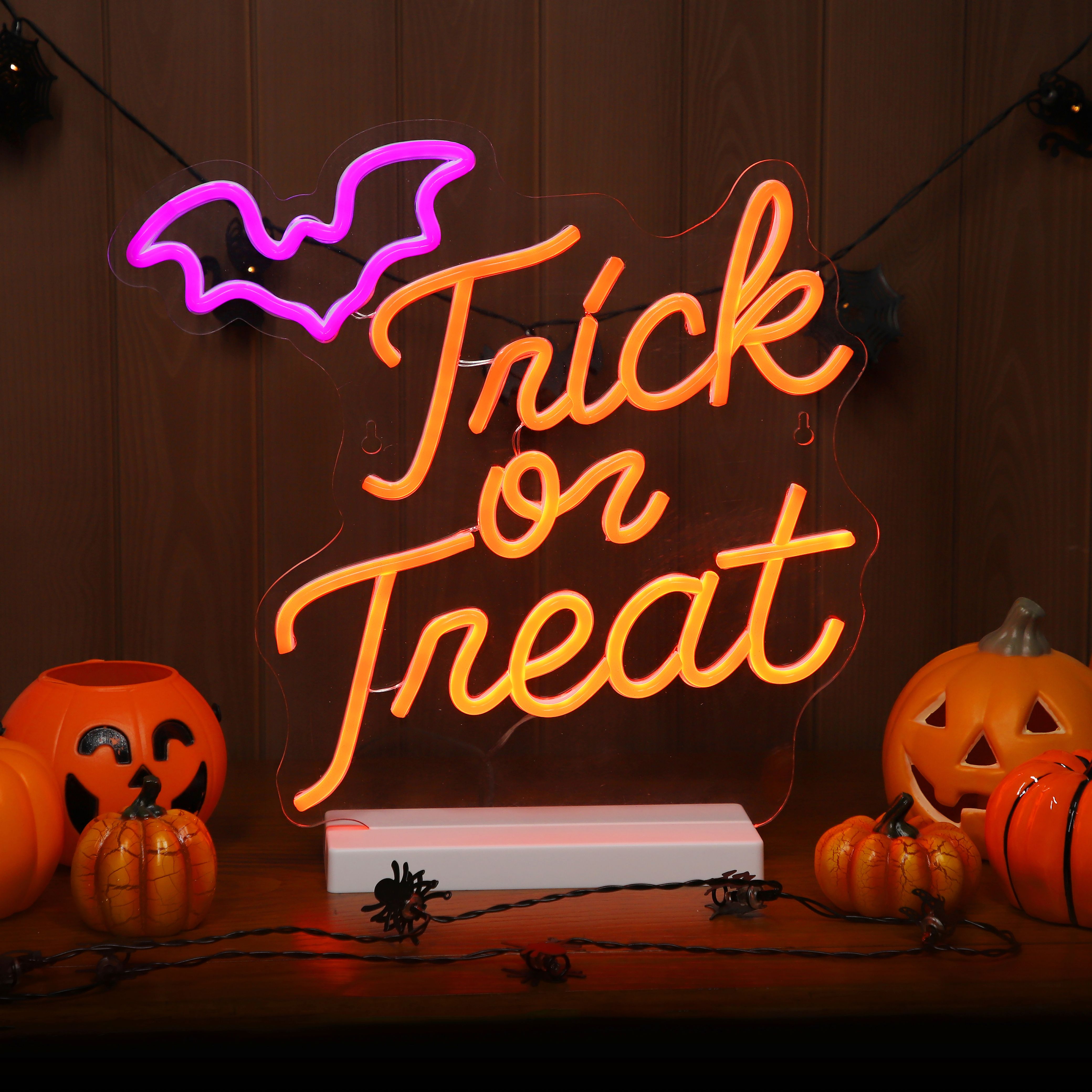 Wall Sign Trick or Treat LED Silhouette, (H) 330mm - Purple & orange