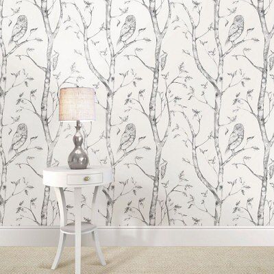 Wallpops Grey Owls in the woods Smooth Wallpaper