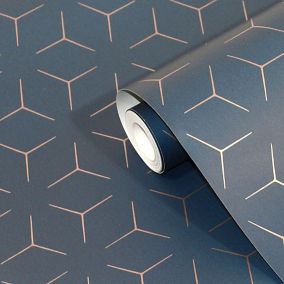Wandou Royal blue Metallic effect Geometric Smooth Wallpaper Sample