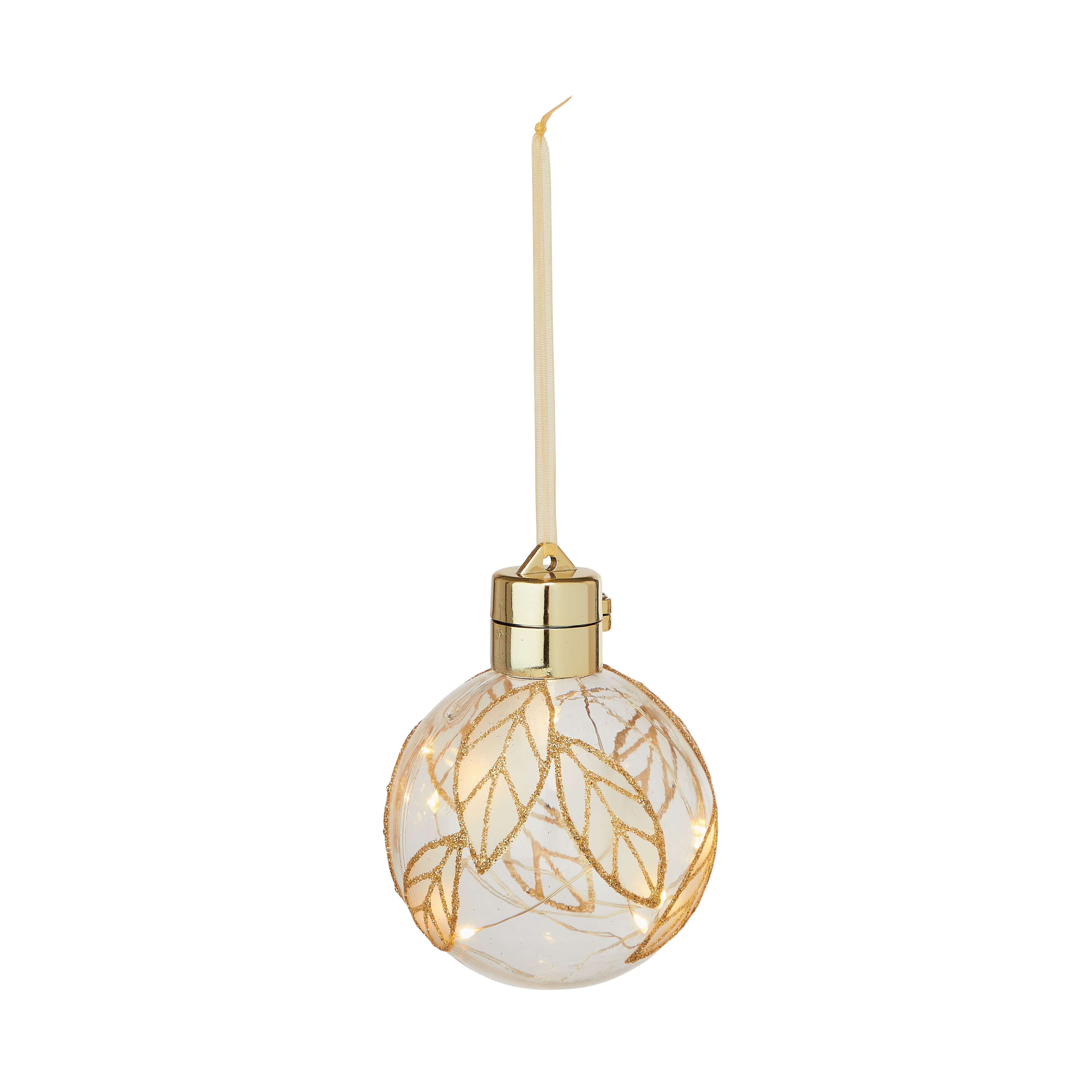Warm white Clear Glitter effect Leaf Bauble Hanging LED bauble at B&Q