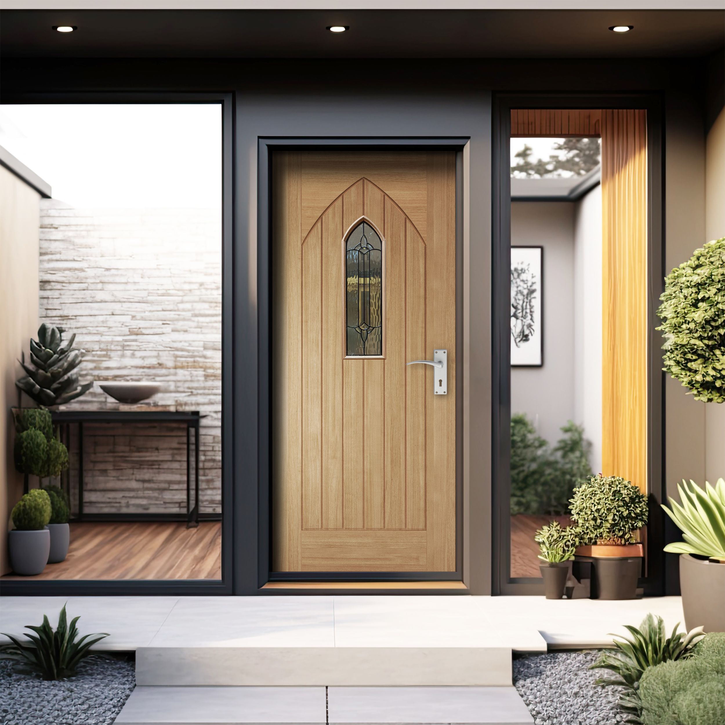 Westminster 6 panel Leaded Glazed Cottage White oak veneer Swinging External Front Door, (H)1981mm (W)762mm
