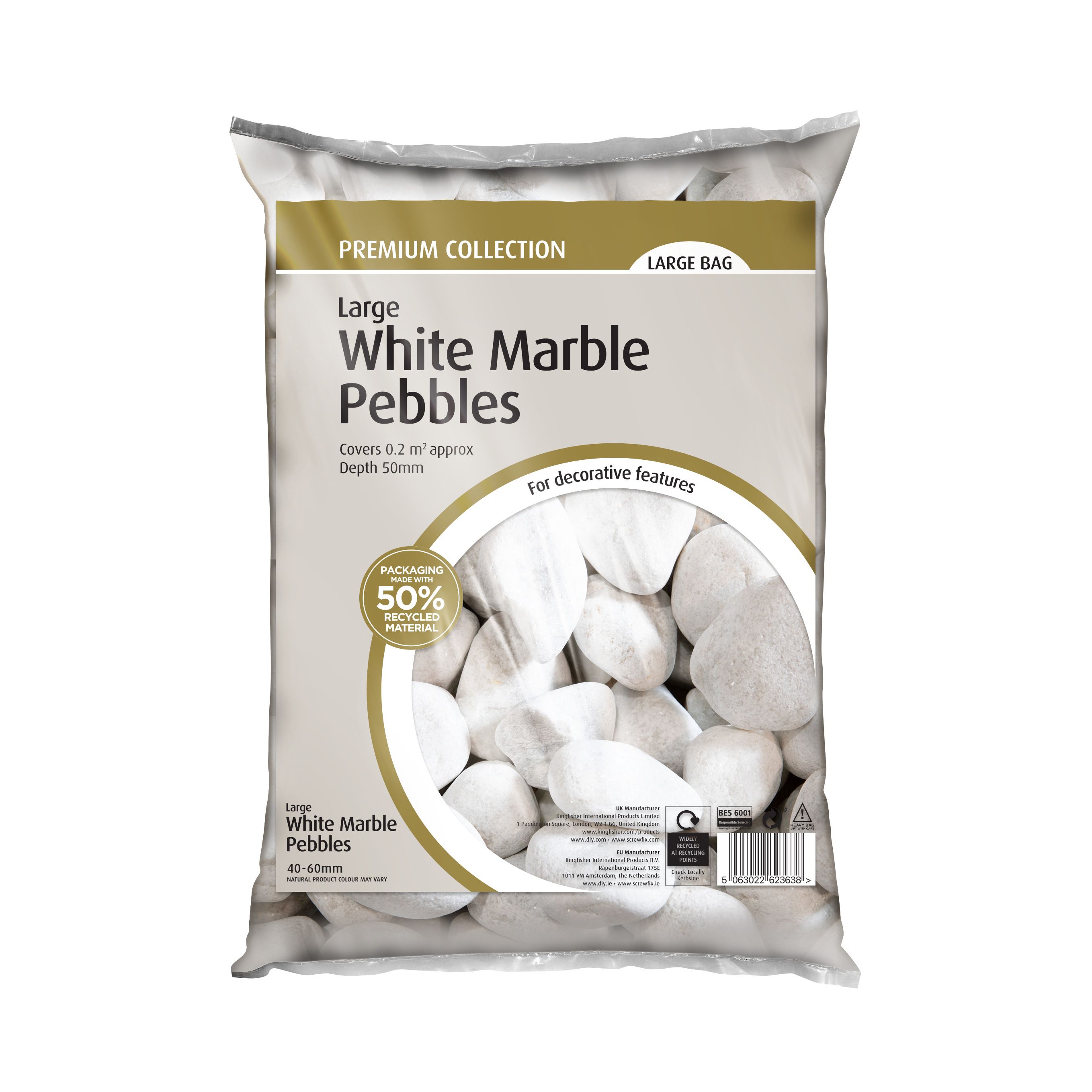White 40-60mm Pebbles, 0.2m² 19kg