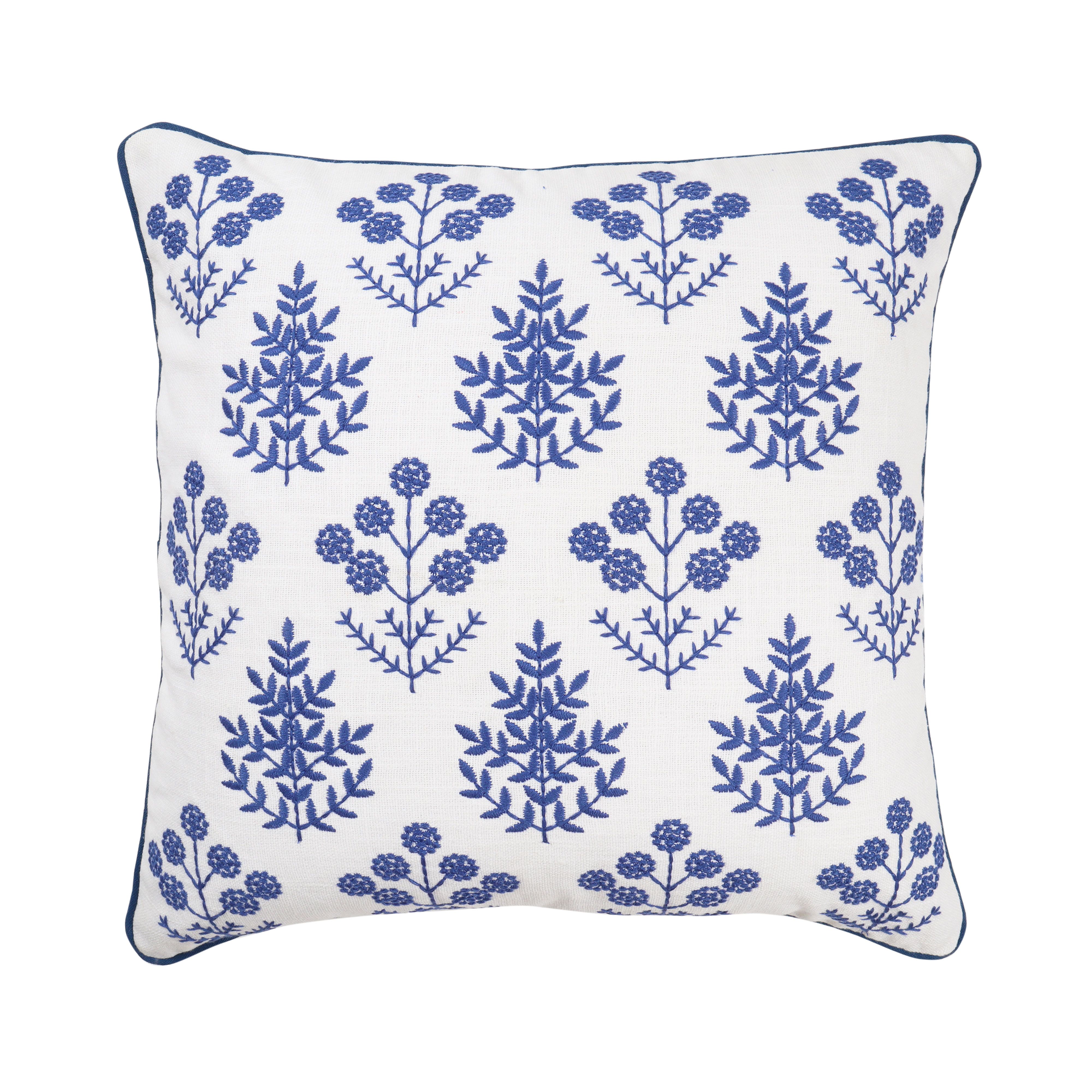 White & Blue Embroidered Floral Indoor Cushion (L)45cm (W)45cm