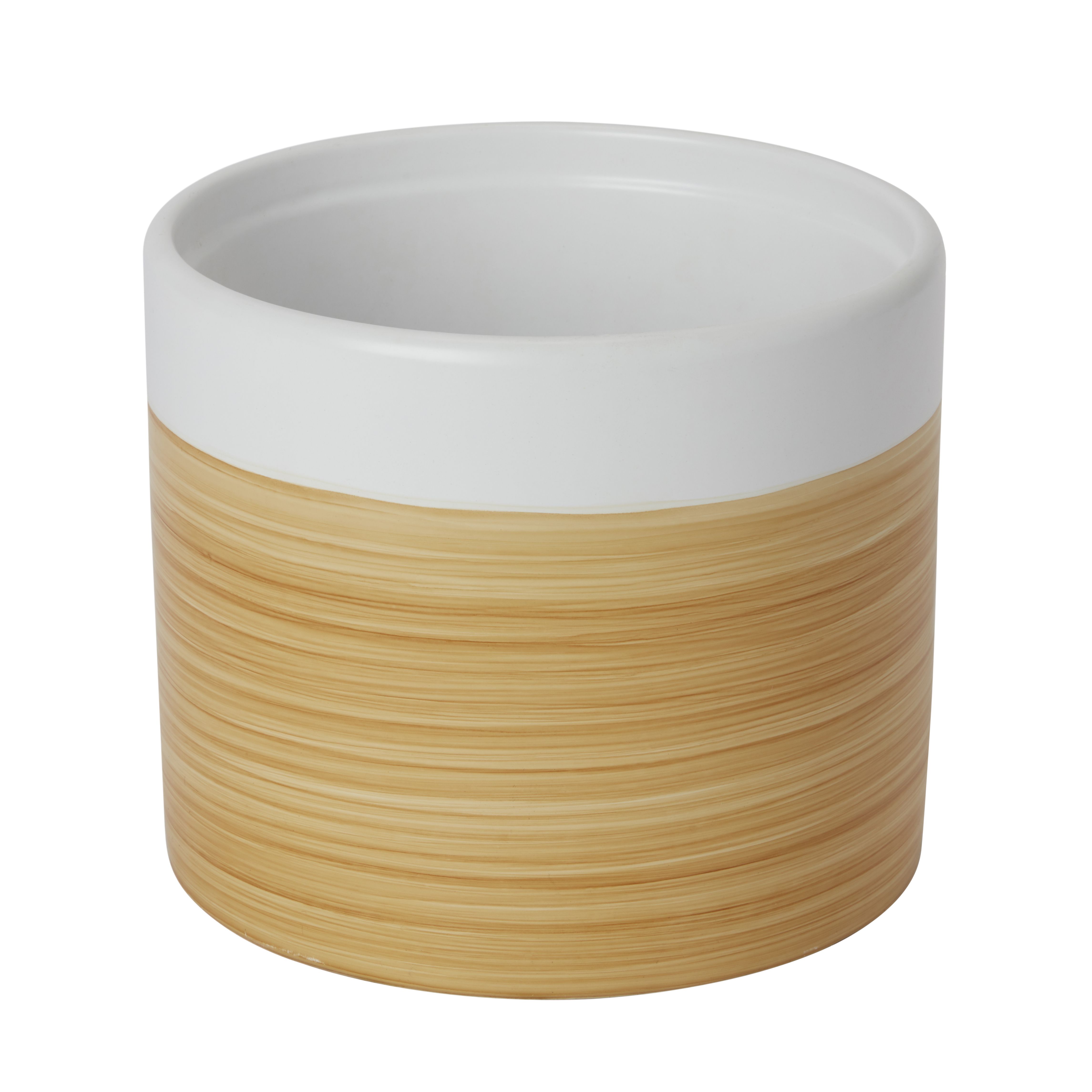 White Ceramic Wood effect Round Plant pot (Dia)16.8cm