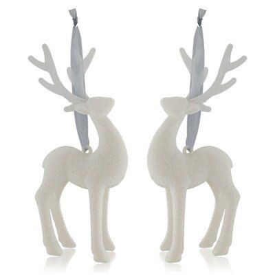 White Glitter effect Plastic 3D Reindeer Decoration, Pair of 2
