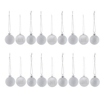White Glitter effect Plastic Assorted Bauble, Set of 18