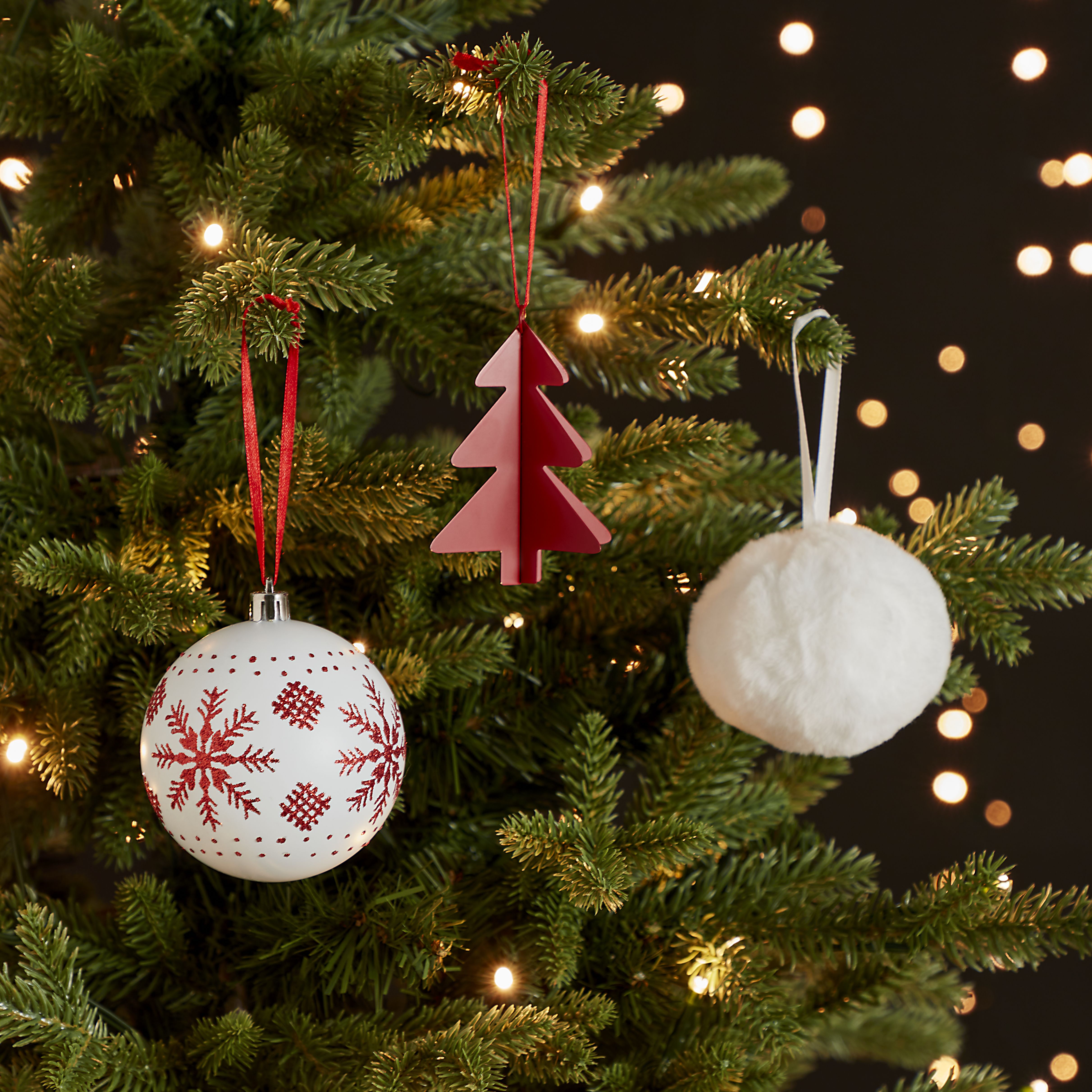 White & Red Glitter effect Plastic Snowflake patterned Bauble