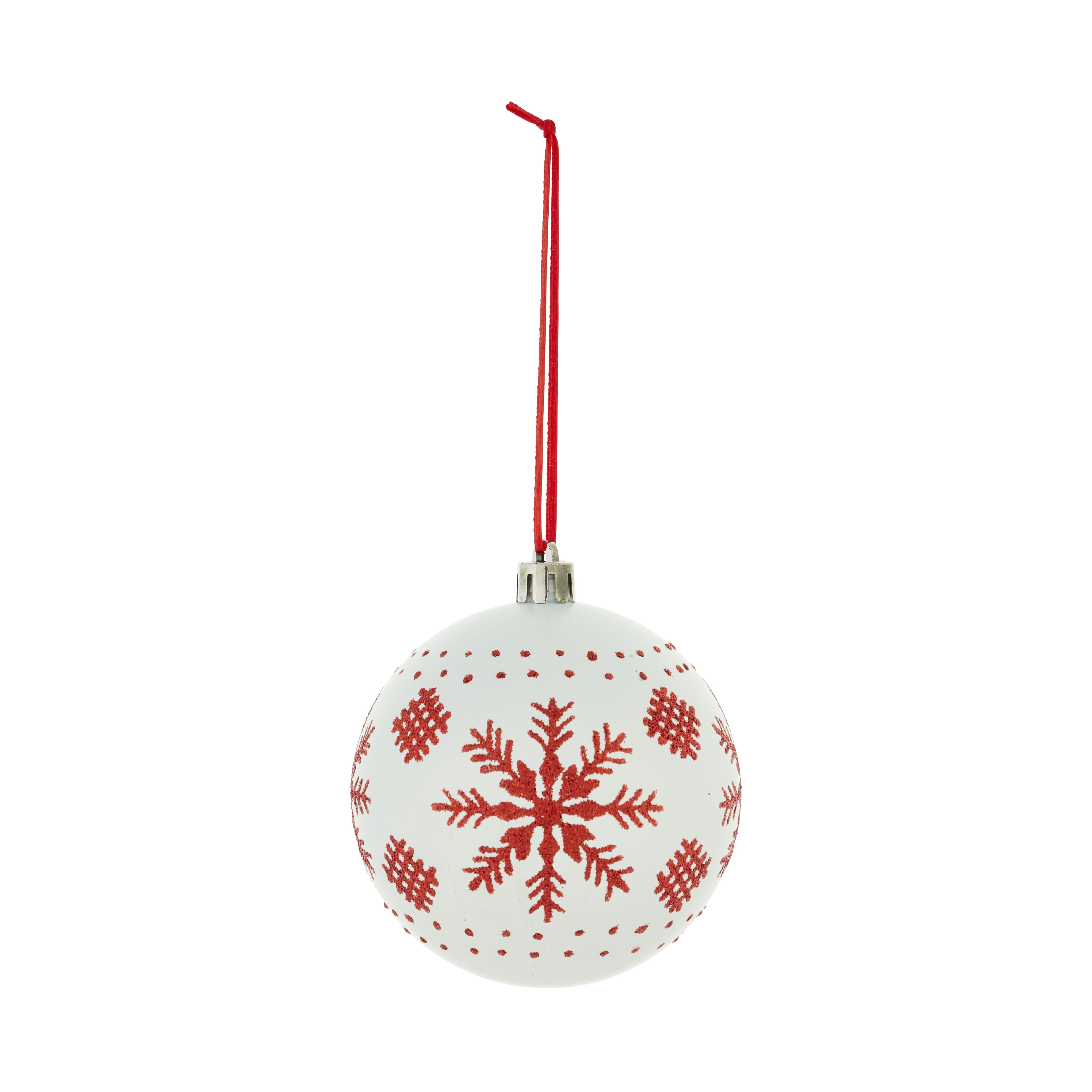 White & Red Glitter effect Plastic Snowflake patterned Bauble