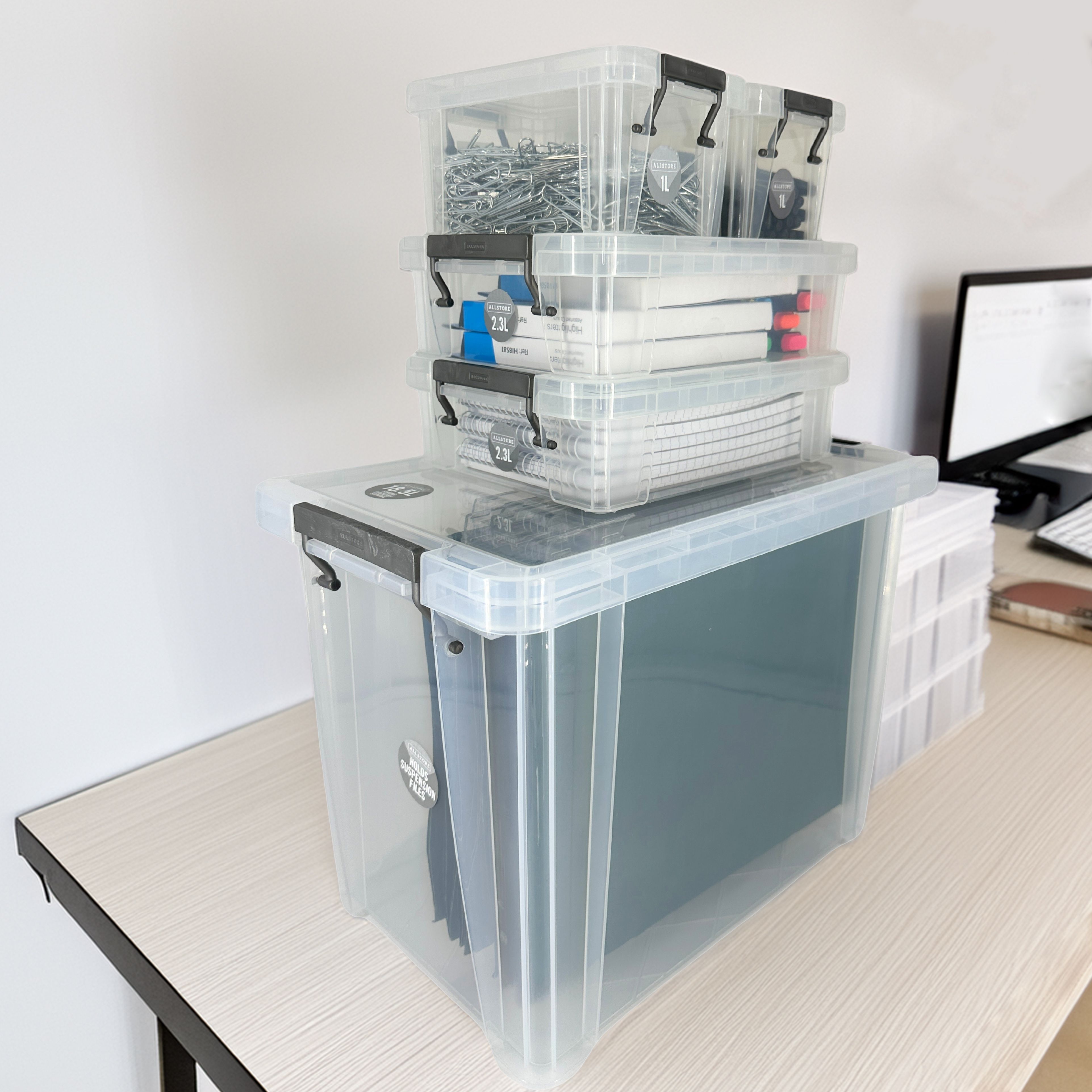 Whitefurze Allstore Heavy duty Clear 25.1L Stackable Storage box with Lid Bundle, Pack of 5