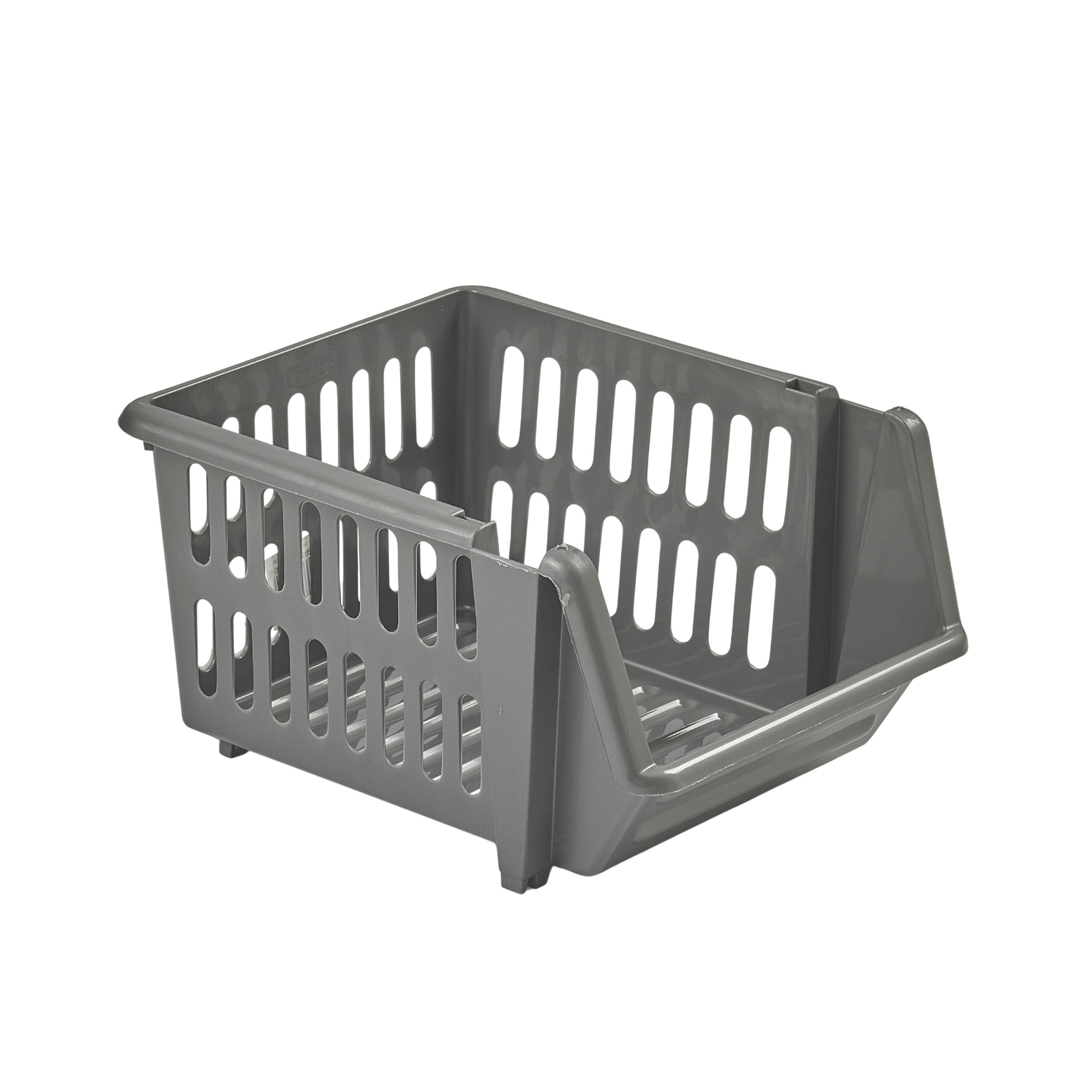 Whitefurze Grey Plastic Small Stackable Storage basket (H)21cm (W)23cm ...