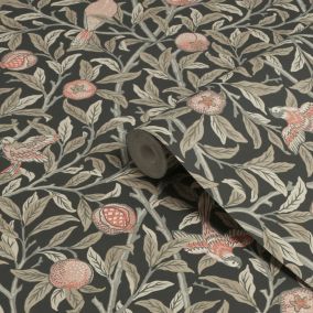 William Morris Gallery Collection Charcoal Bird & Pomegranate Smooth Wallpaper